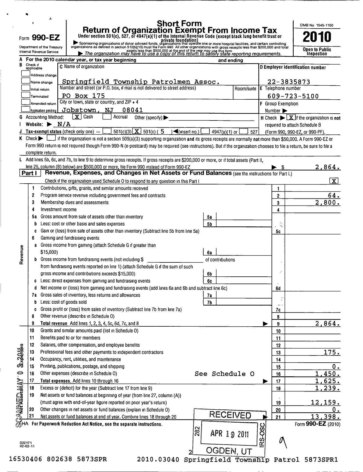 Image of first page of 2010 Form 990EO for Fraternal Order of Police - 197 Springfield TWP PD