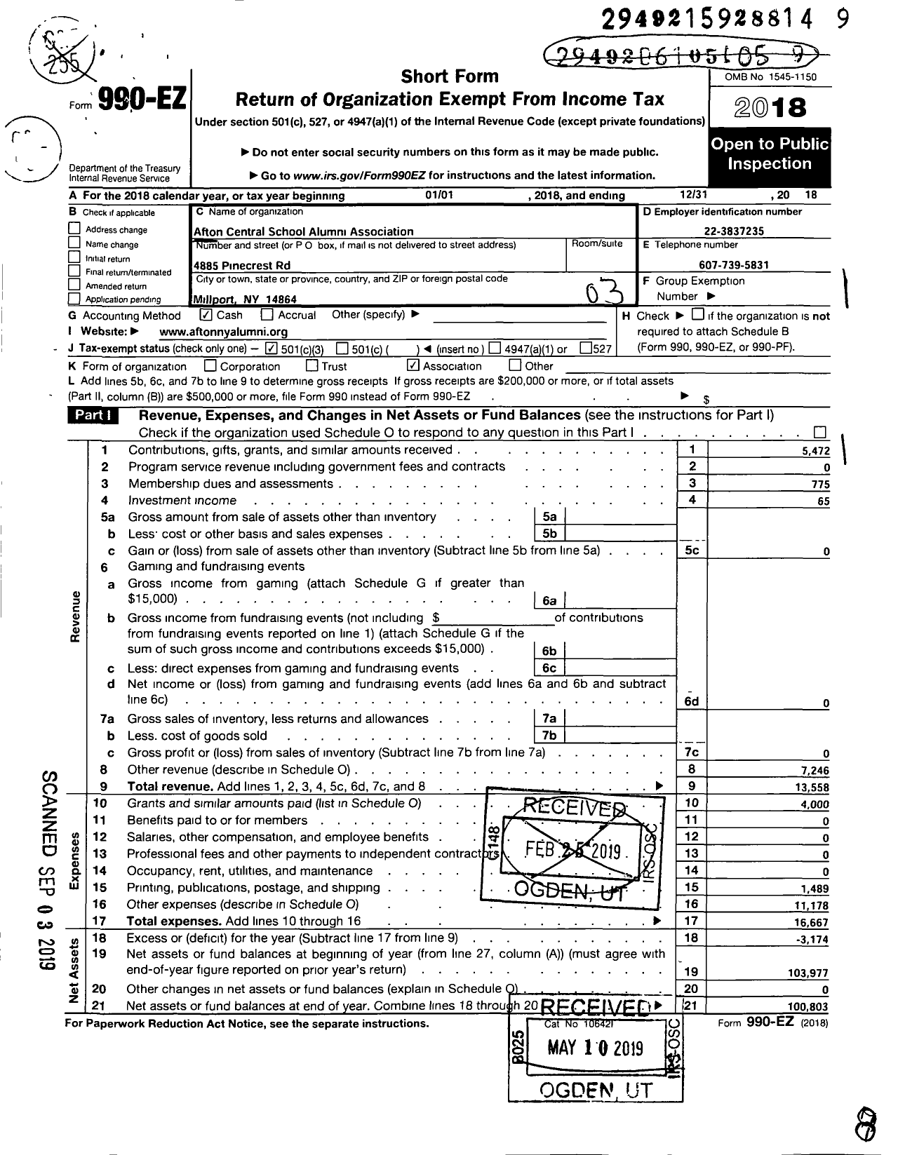 Image of first page of 2018 Form 990EZ for Afton Central School Alumni Association