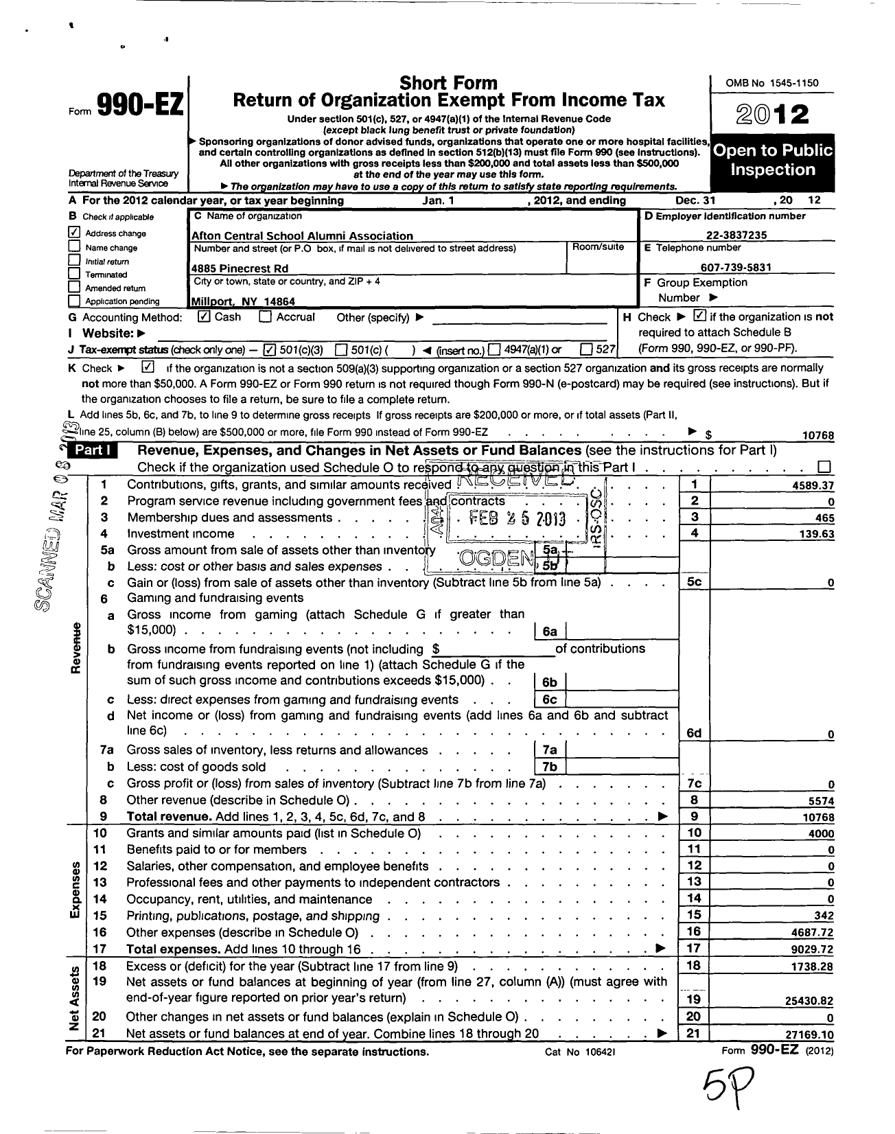 Image of first page of 2012 Form 990EZ for Afton Central School Alumni Association