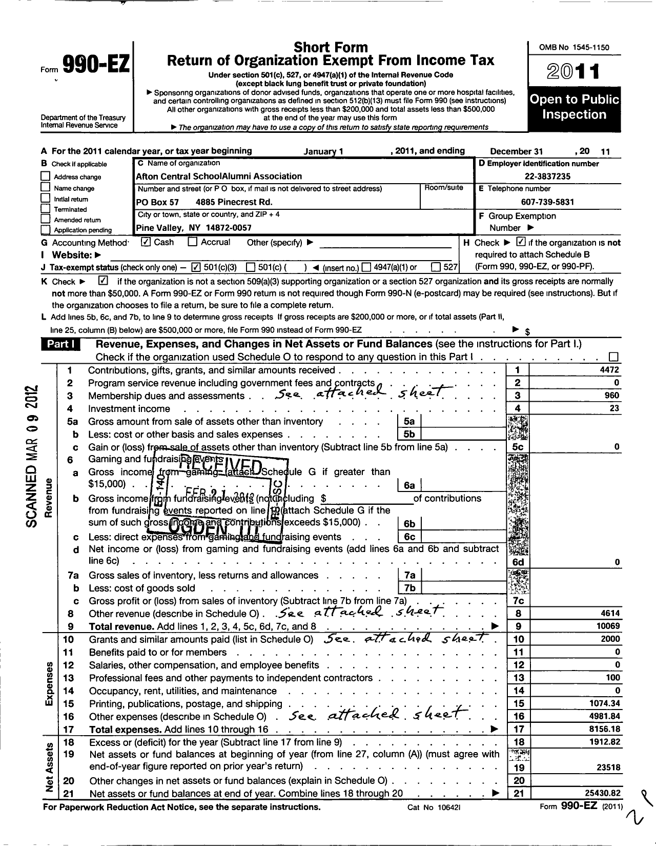 Image of first page of 2011 Form 990EZ for Afton Central School Alumni Association