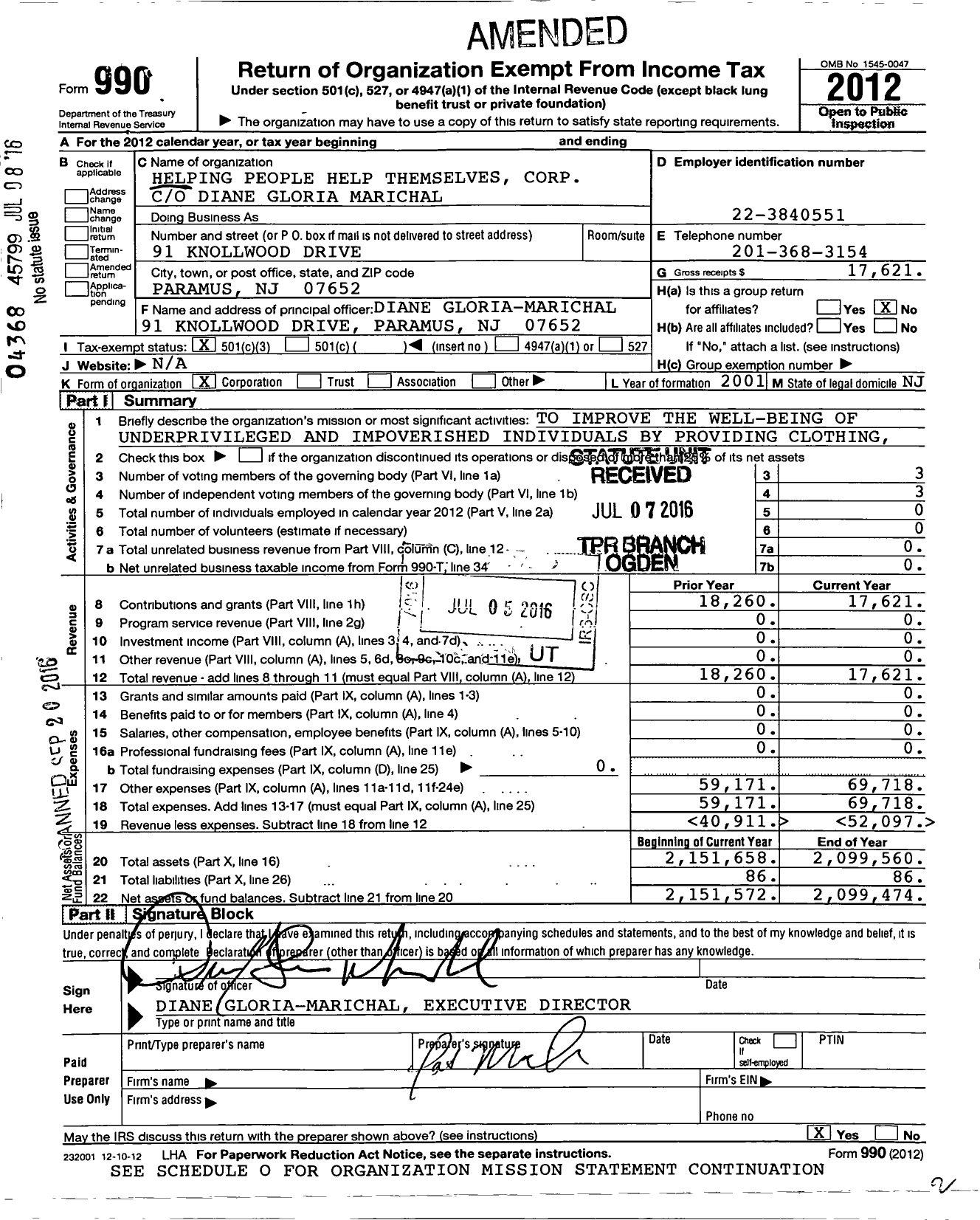 Image of first page of 2012 Form 990 for Helping People Help Themselves Corporation