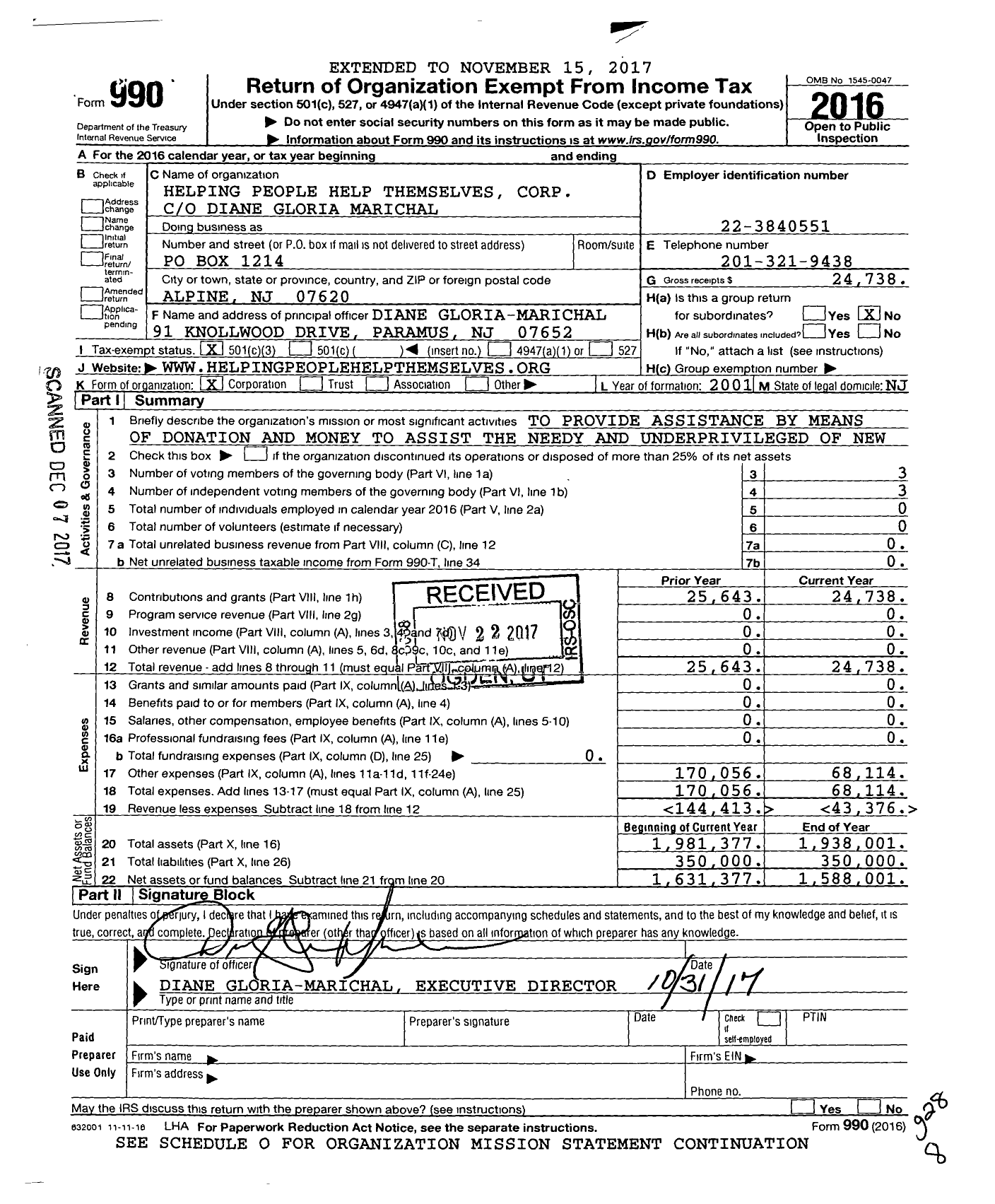 Image of first page of 2016 Form 990 for Helping People Help Themselves Corporation