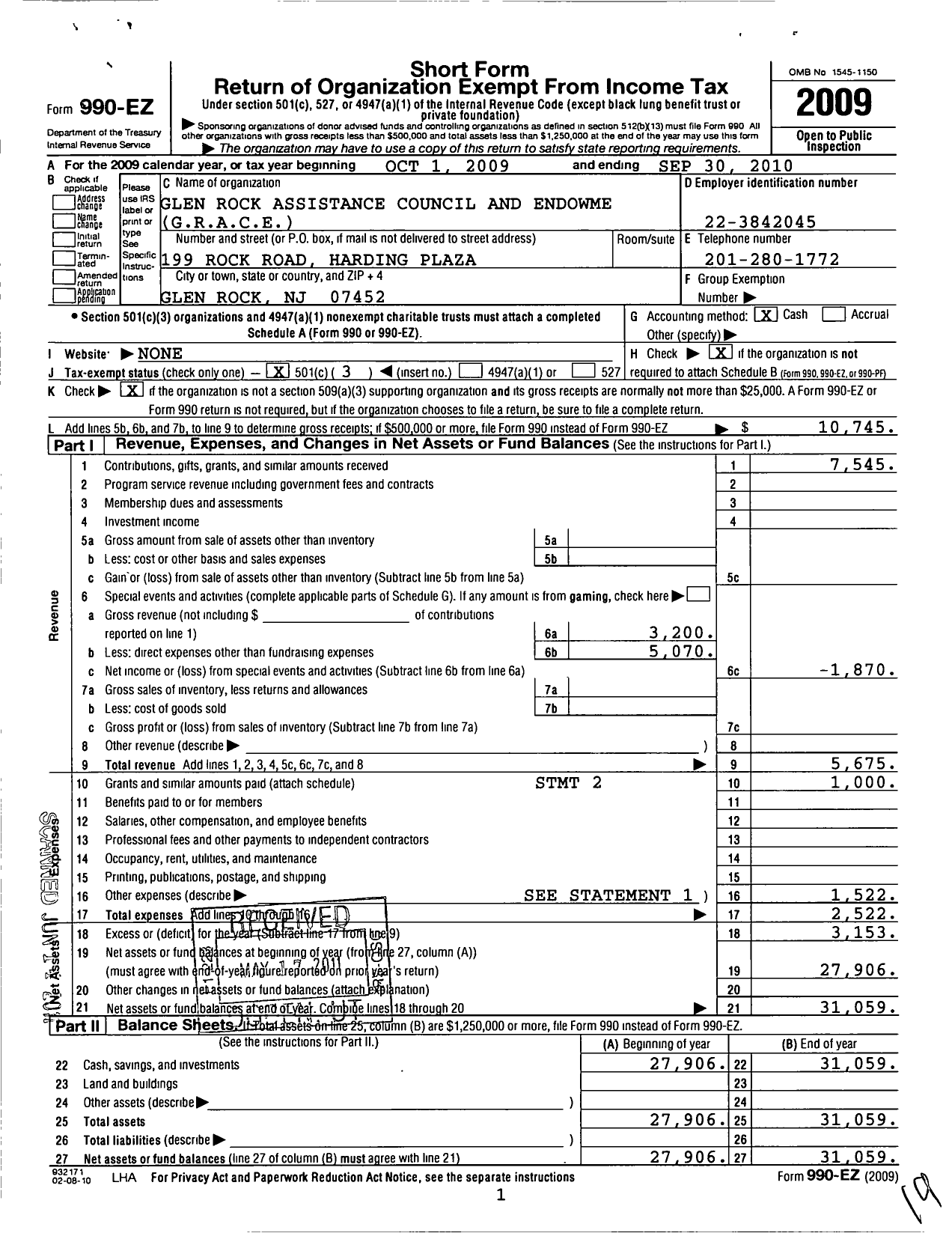 Image of first page of 2009 Form 990EZ for Glen Rock Assistance Council and Endowme (GRACE)