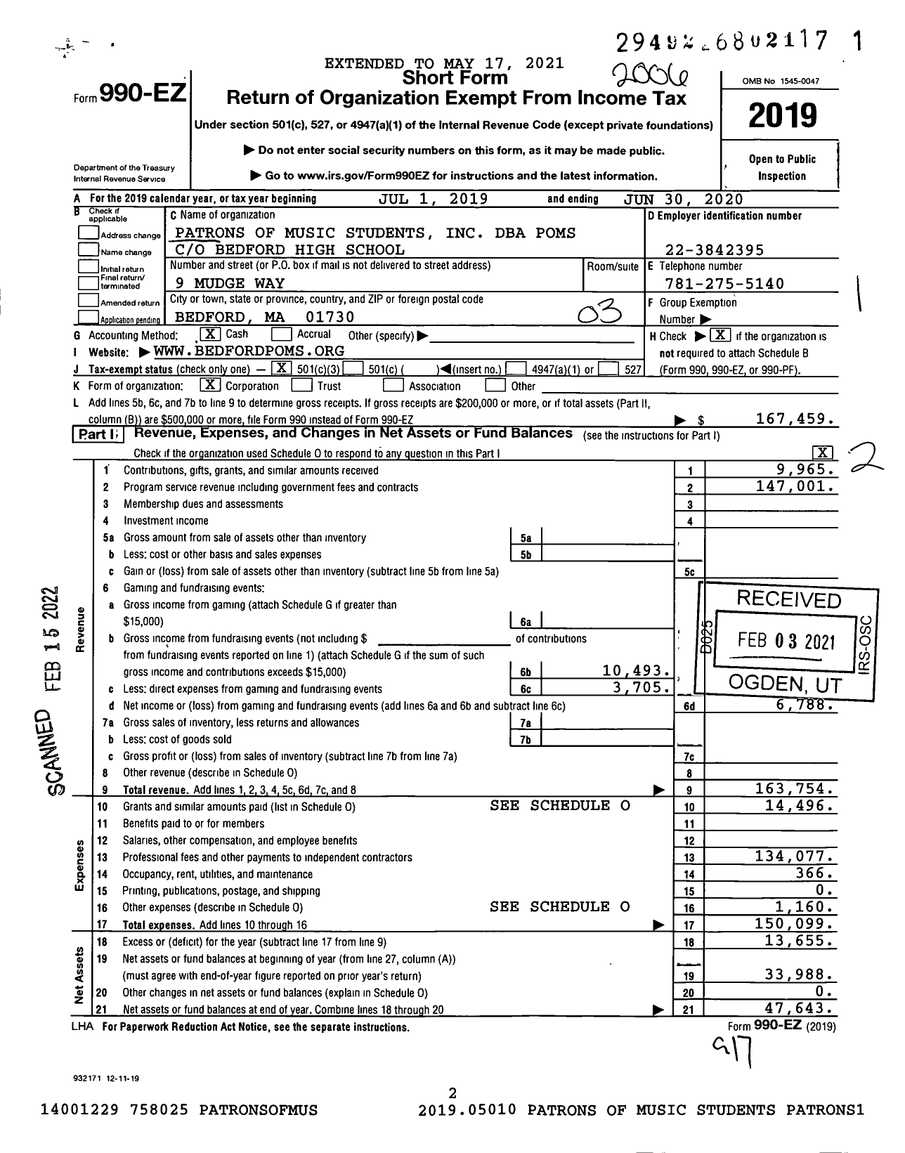 Image of first page of 2019 Form 990EZ for Patrons of Music Students (POMS)