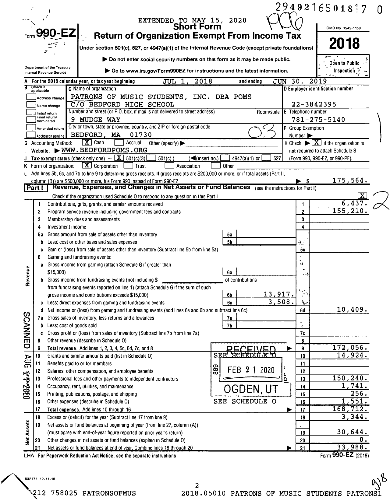 Image of first page of 2018 Form 990EZ for Patrons of Music Students (POMS)