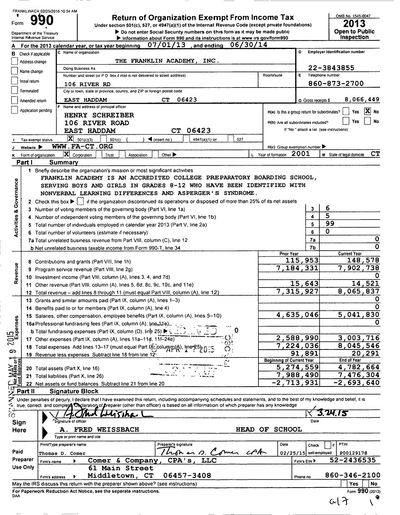 Image of first page of 2013 Form 990 for The Franklin Academy