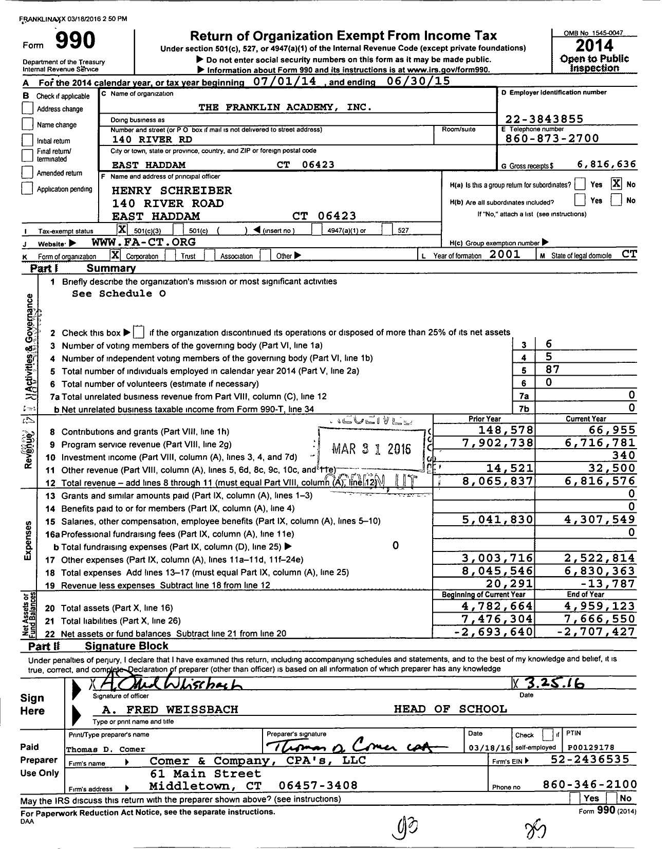 Image of first page of 2014 Form 990 for The Franklin Academy