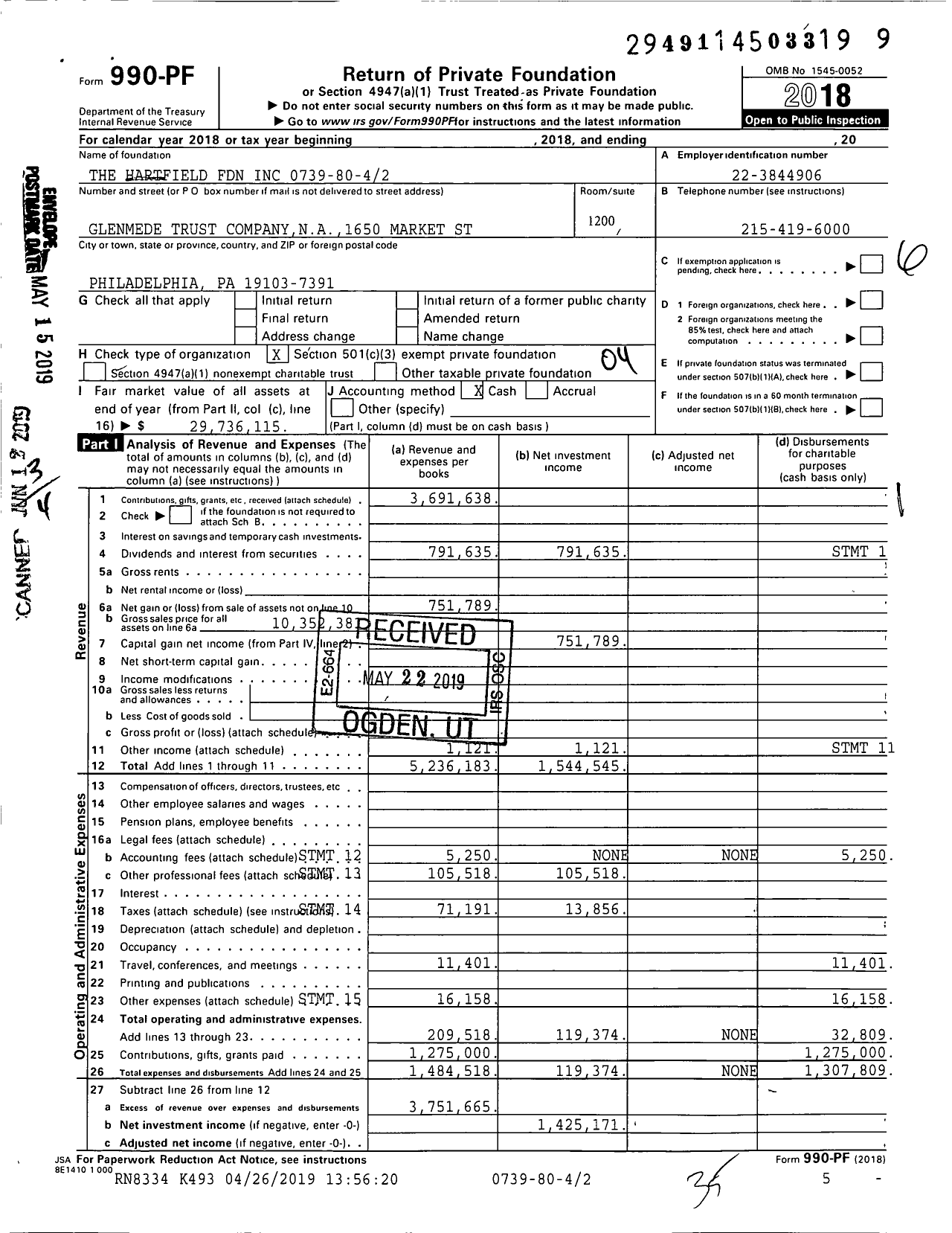 Image of first page of 2018 Form 990PF for The Hartfield Foundation 0739-80-42