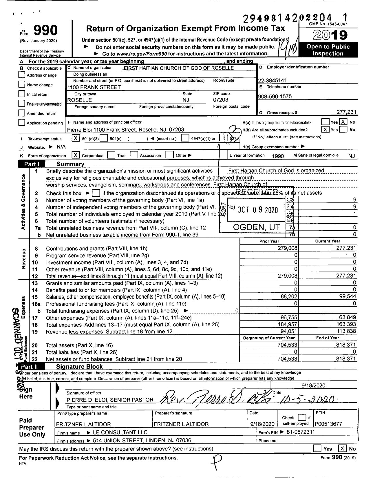 Image of first page of 2019 Form 990 for First Haitian Church of God of Roselle