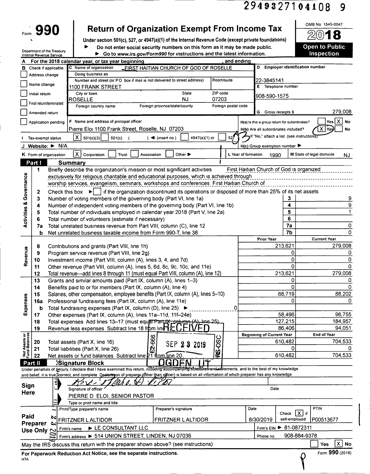 Image of first page of 2018 Form 990 for First Haitian Church of God of Roselle