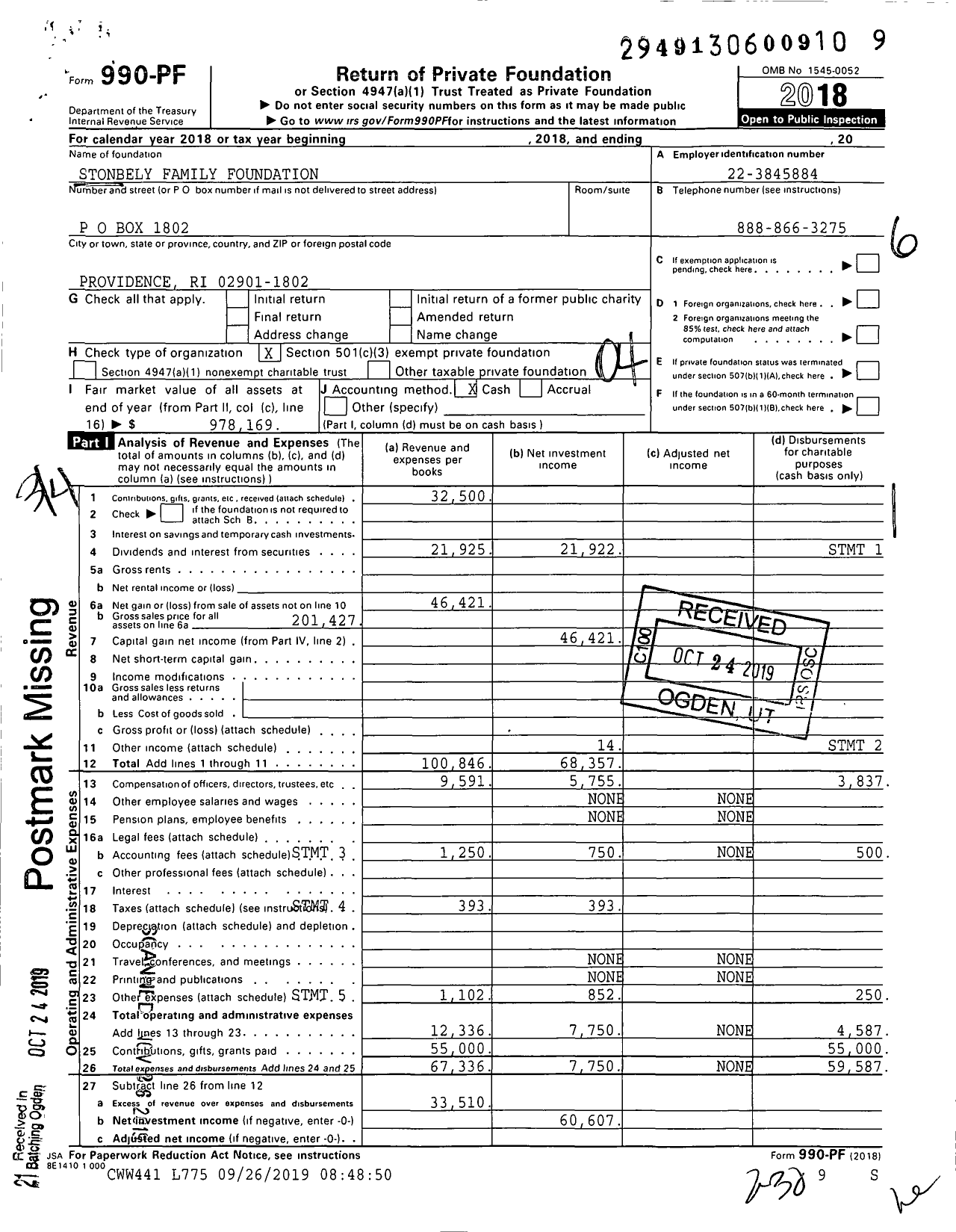 Image of first page of 2018 Form 990PF for Stonbely Family Foundation