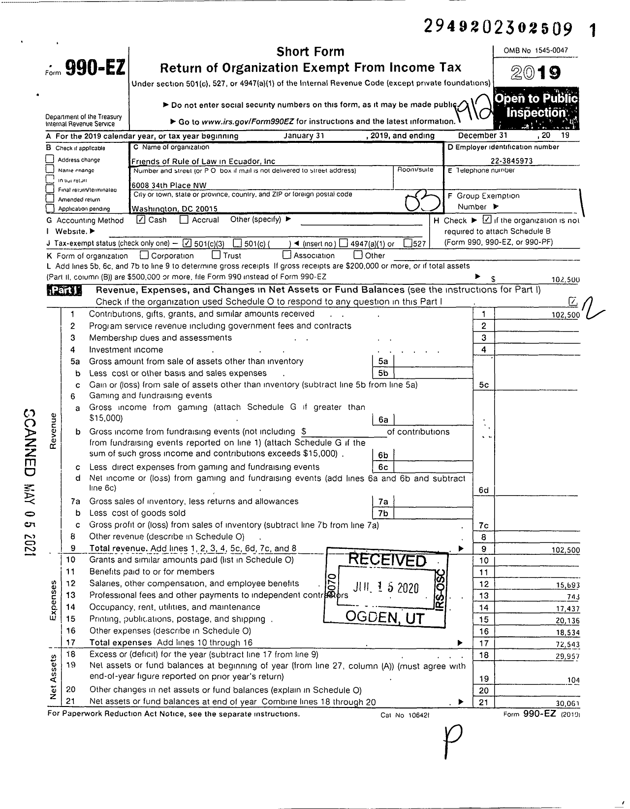 Image of first page of 2019 Form 990EZ for Friends of Rule of Law in Ecuador