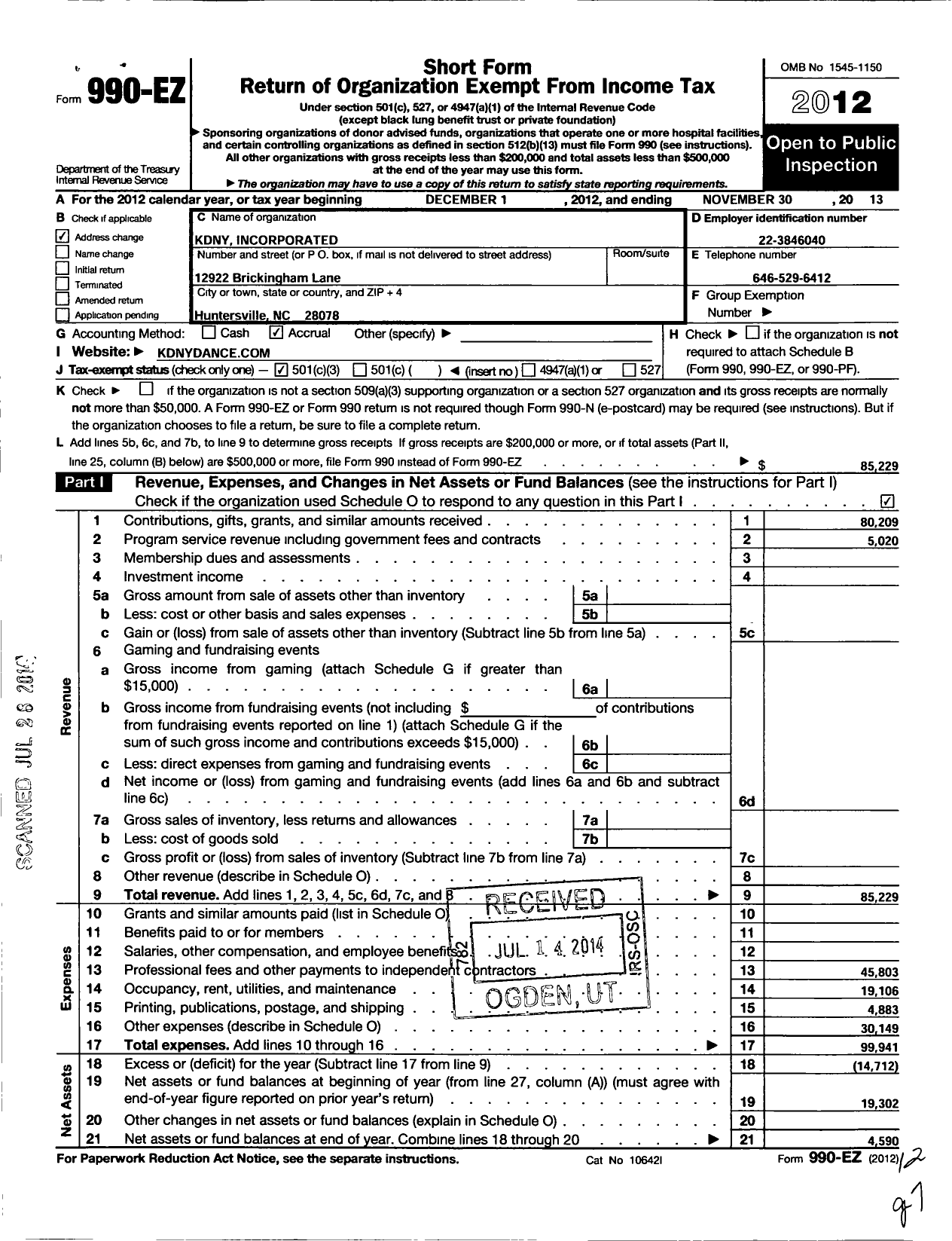 Image of first page of 2012 Form 990EZ for Kdny Incorporated