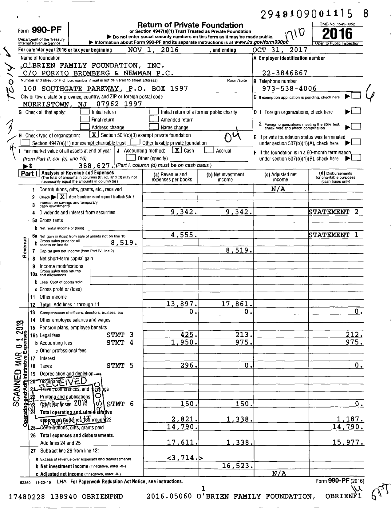Image of first page of 2016 Form 990PF for O'Brien Family Foundation