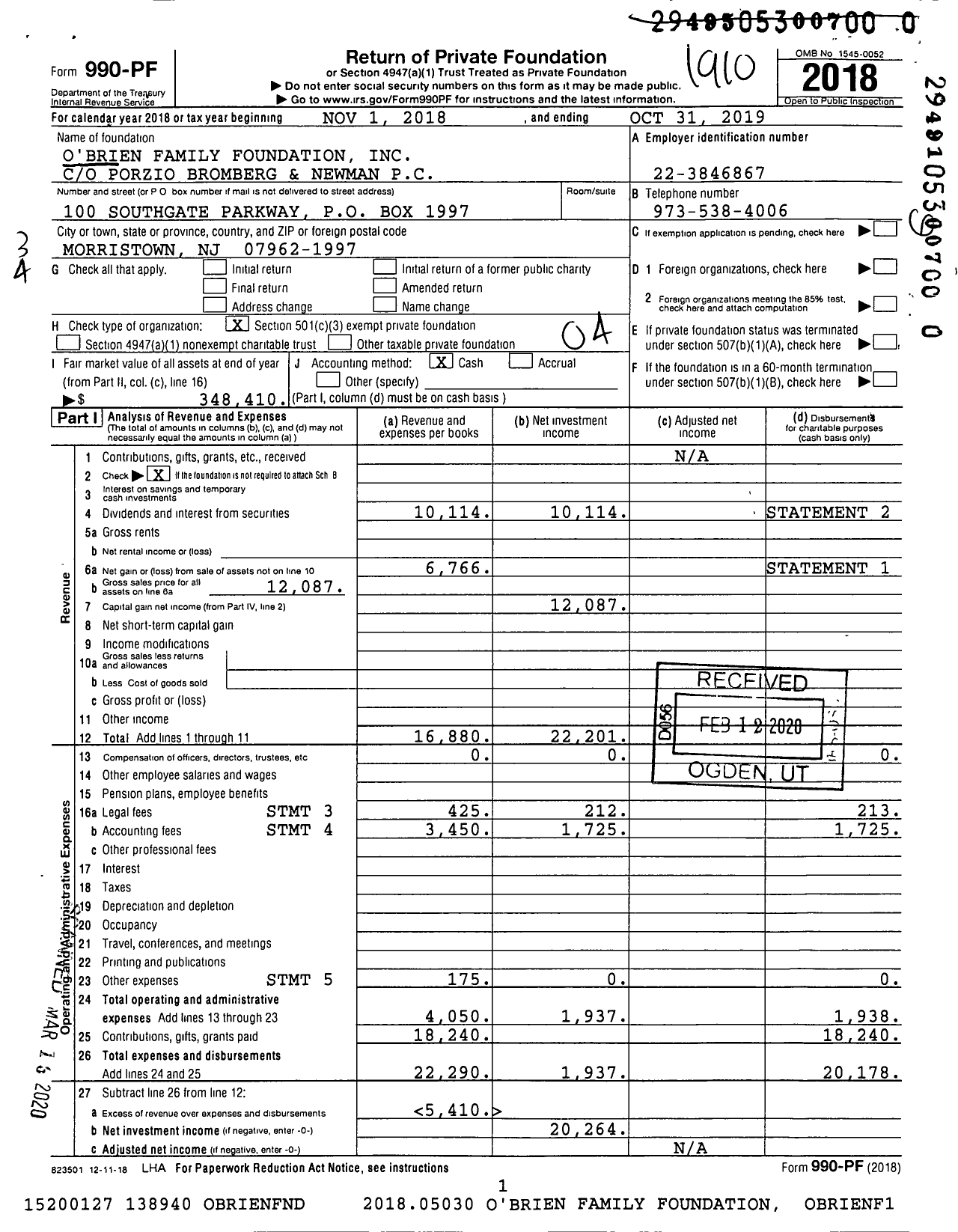 Image of first page of 2018 Form 990PR for O'Brien Family Foundation