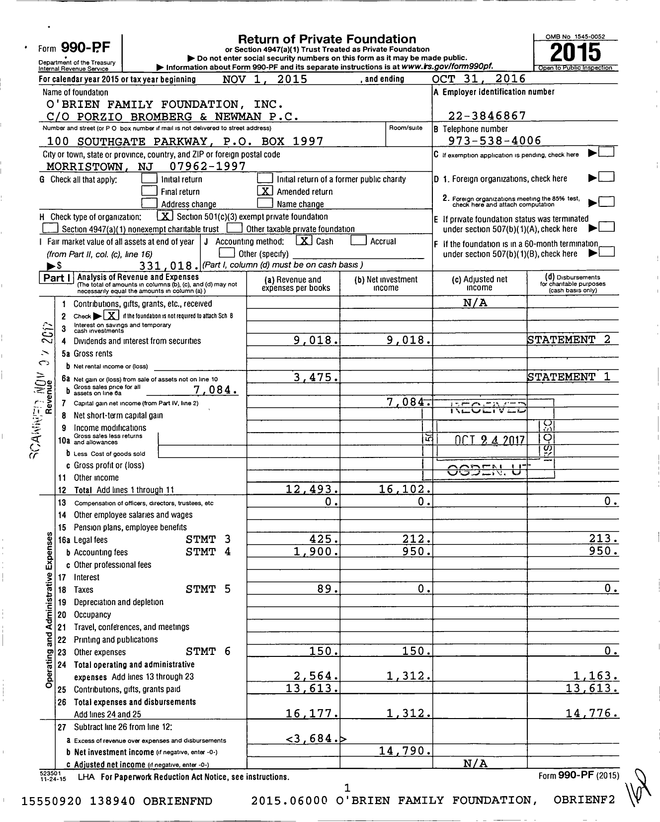 Image of first page of 2015 Form 990PF for O'Brien Family Foundation