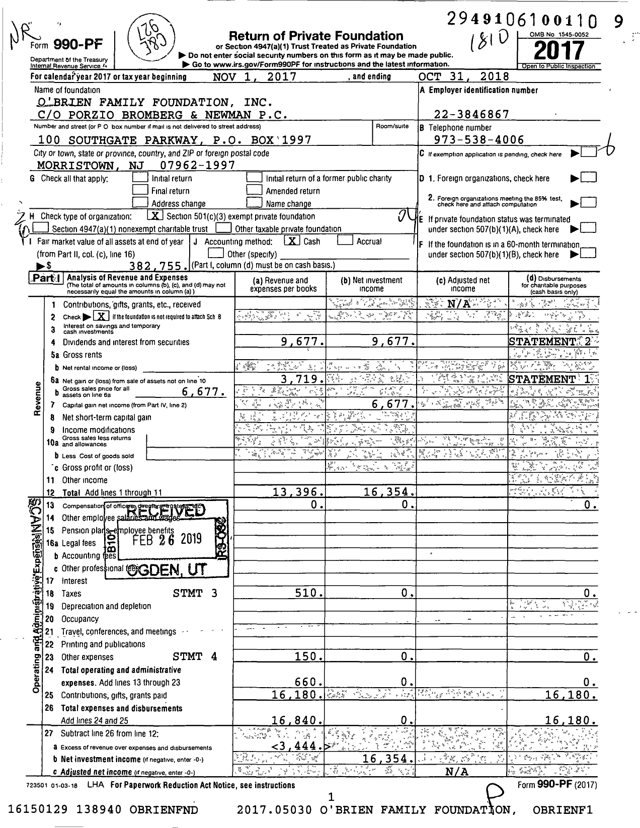 Image of first page of 2017 Form 990PF for O'Brien Family Foundation