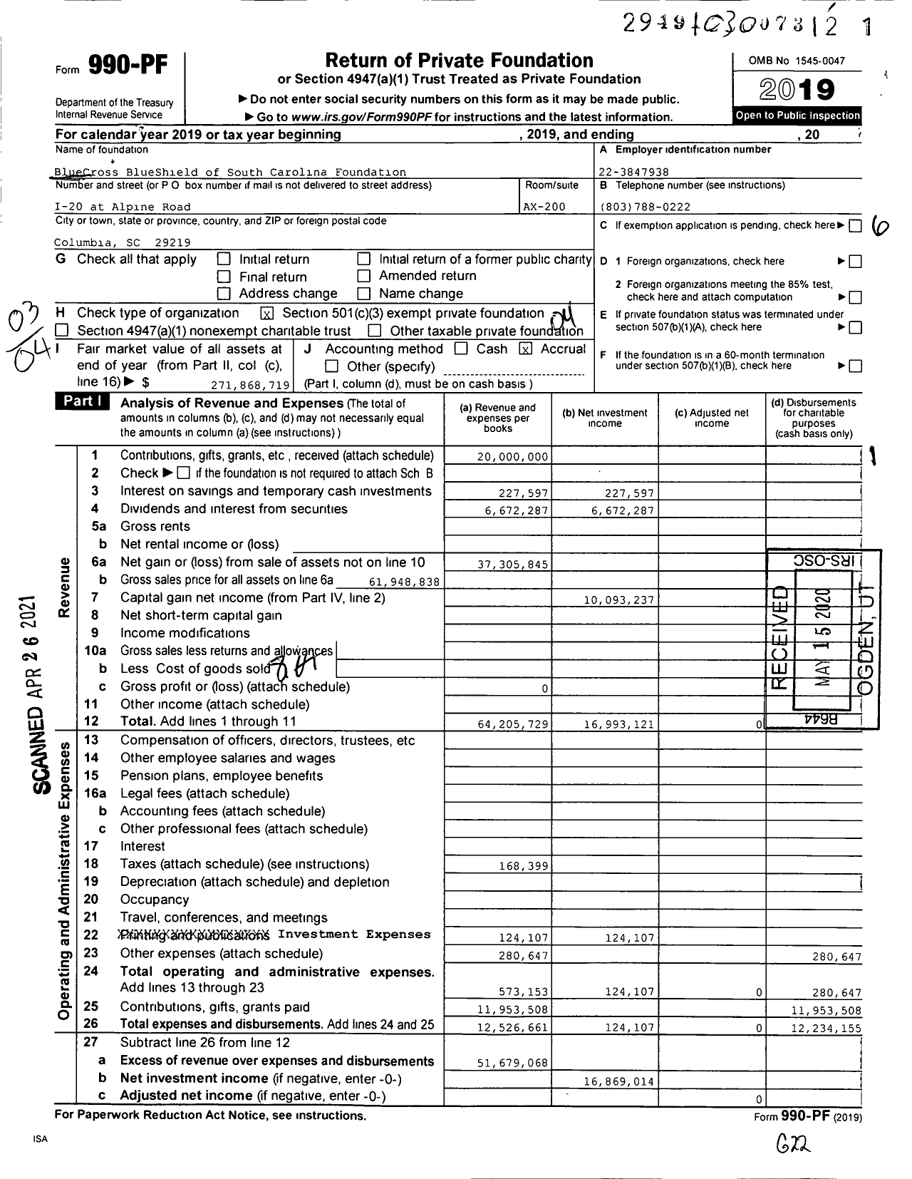 Image of first page of 2019 Form 990PF for BlueCross BlueShield of South Carolina Foundation