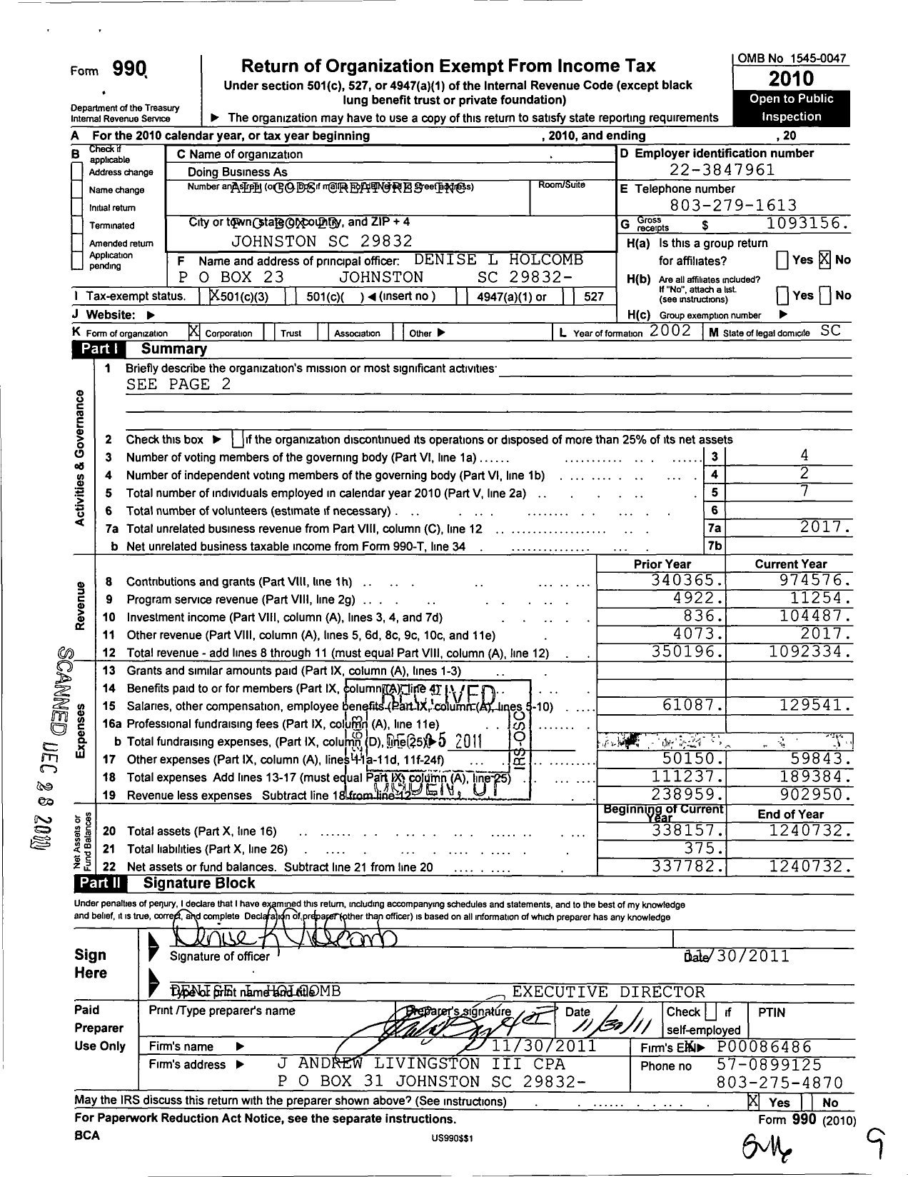 Image of first page of 2010 Form 990 for All Gods Creatures