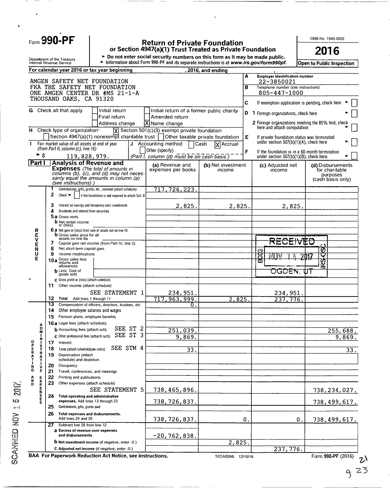 Image of first page of 2016 Form 990PF for Amgen Safety Net Foundation