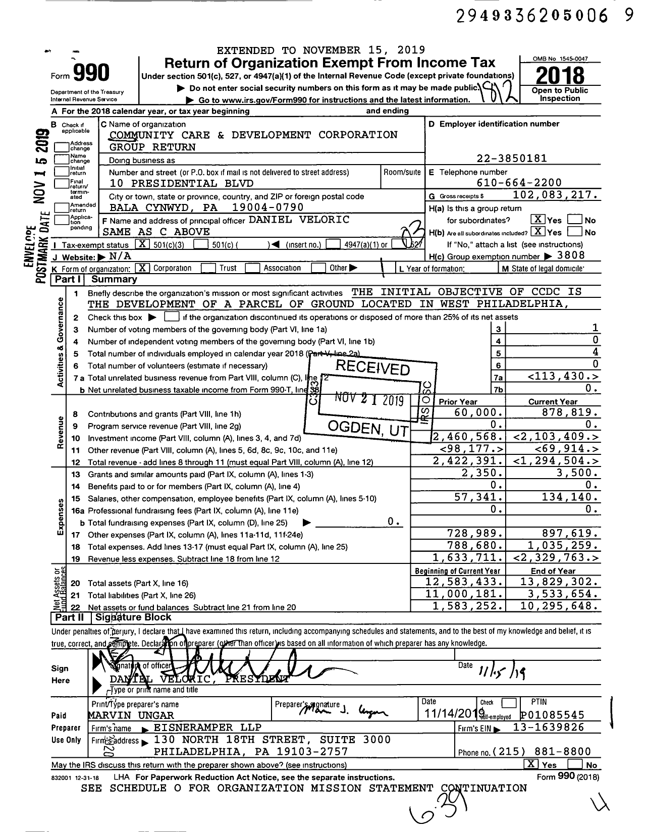 Image of first page of 2018 Form 990 for Community Care and Development Corporation - Willingboro