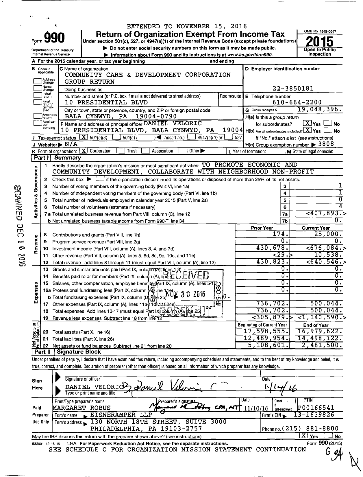 Image of first page of 2015 Form 990 for Community Care and Development Corporation - Willingboro
