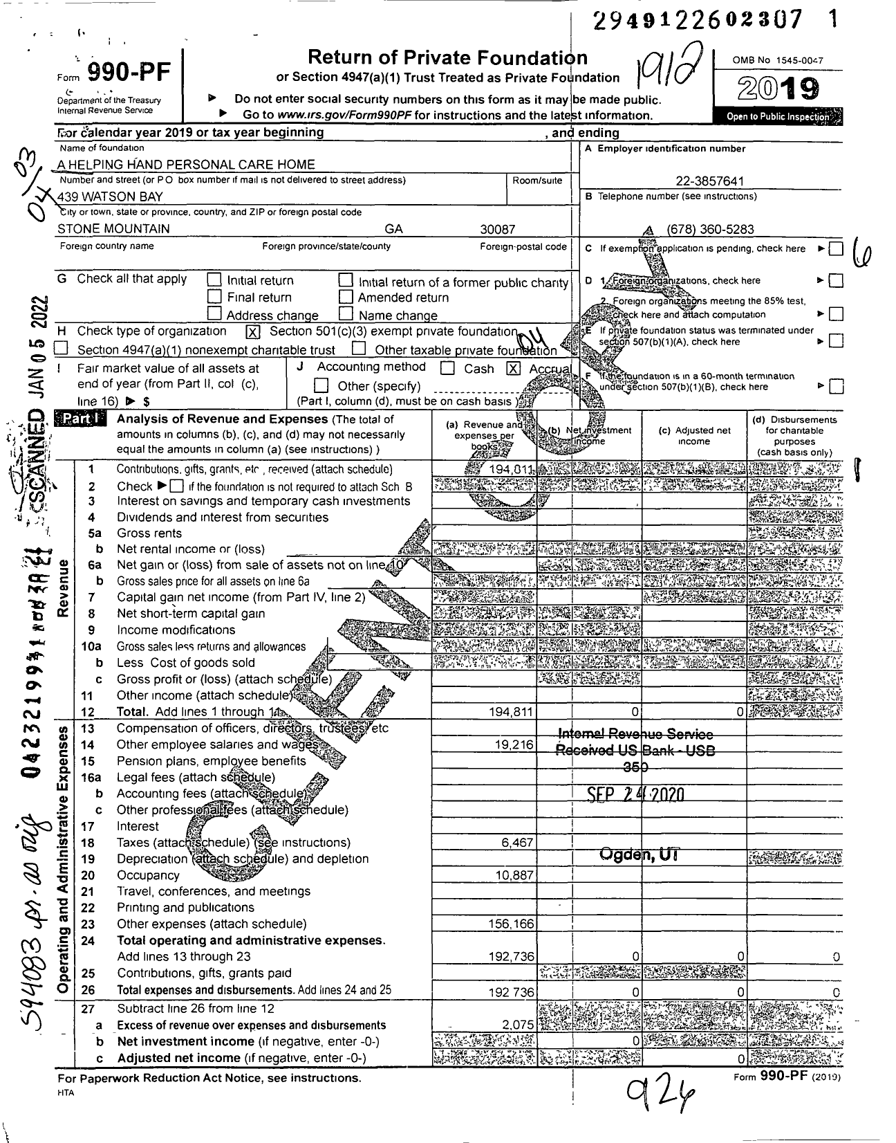 Image of first page of 2019 Form 990PF for A Helping Hand Personal Care Home