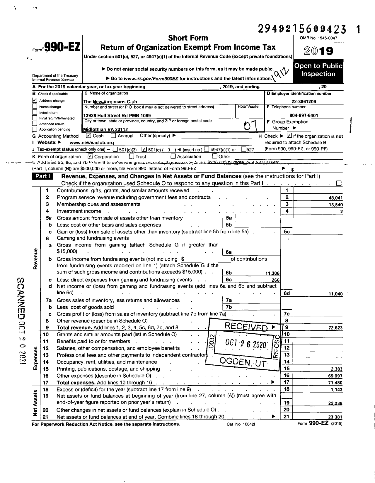 Image of first page of 2019 Form 990EO for The New Virginians Club