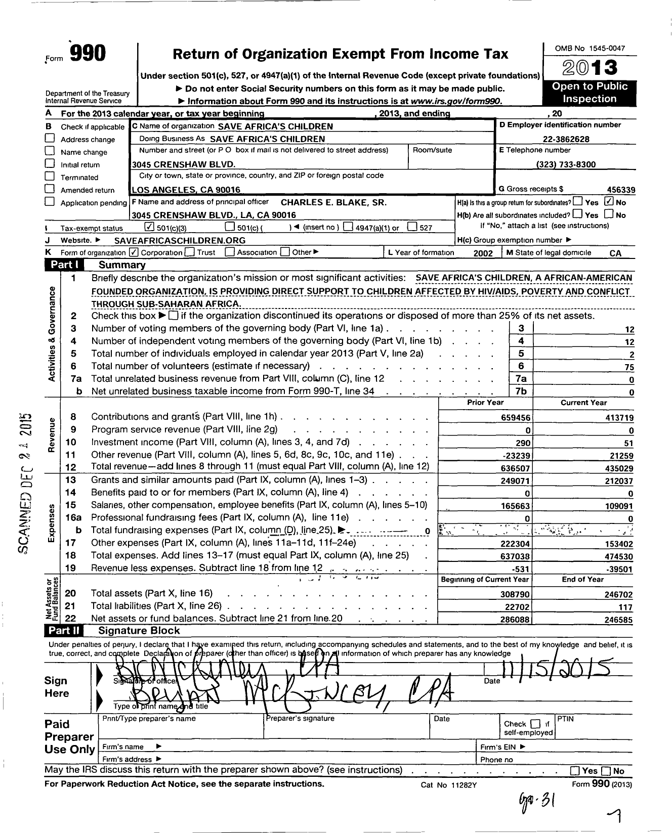 Image of first page of 2013 Form 990 for Save Africas Children