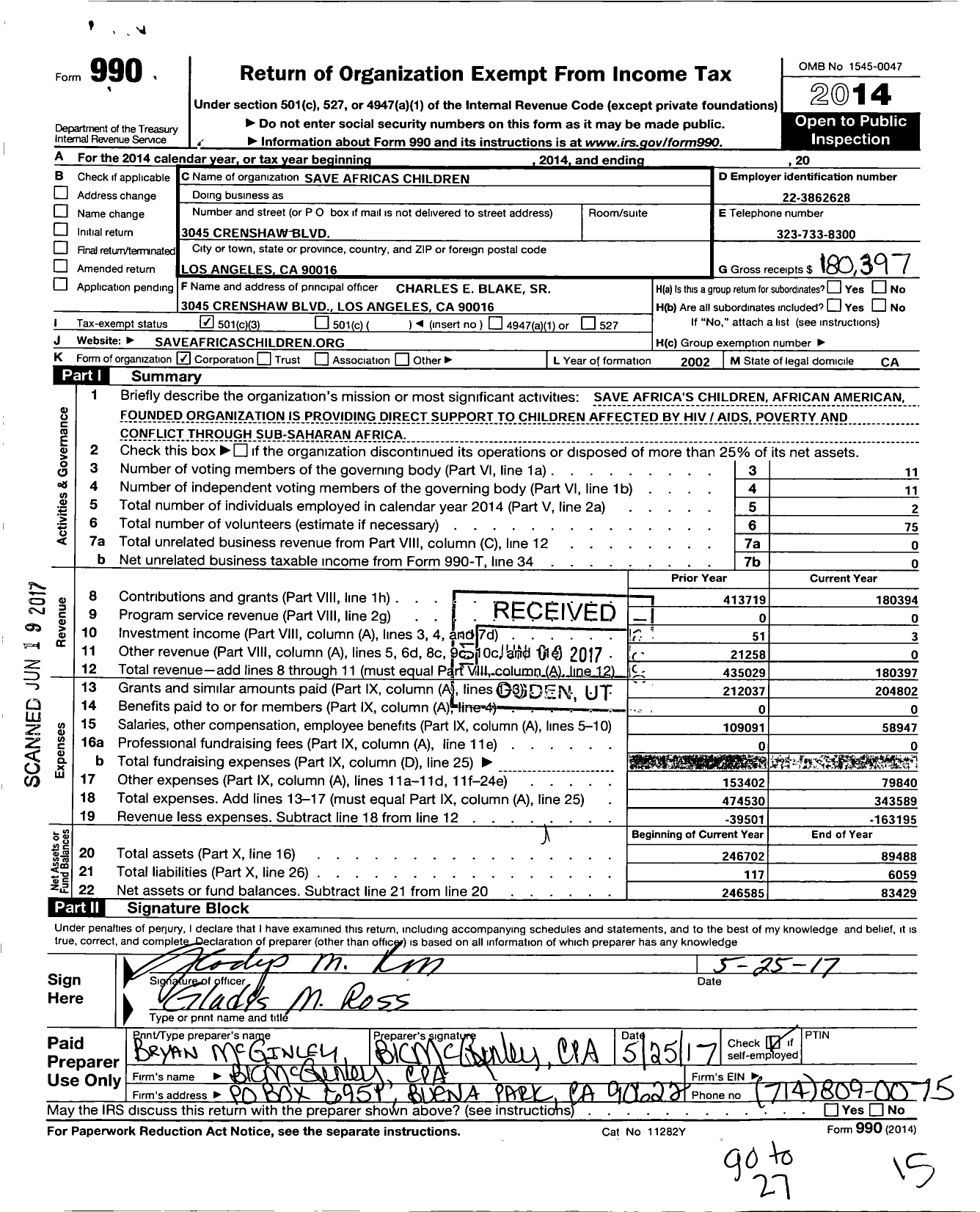 Image of first page of 2014 Form 990 for Save Africas Children