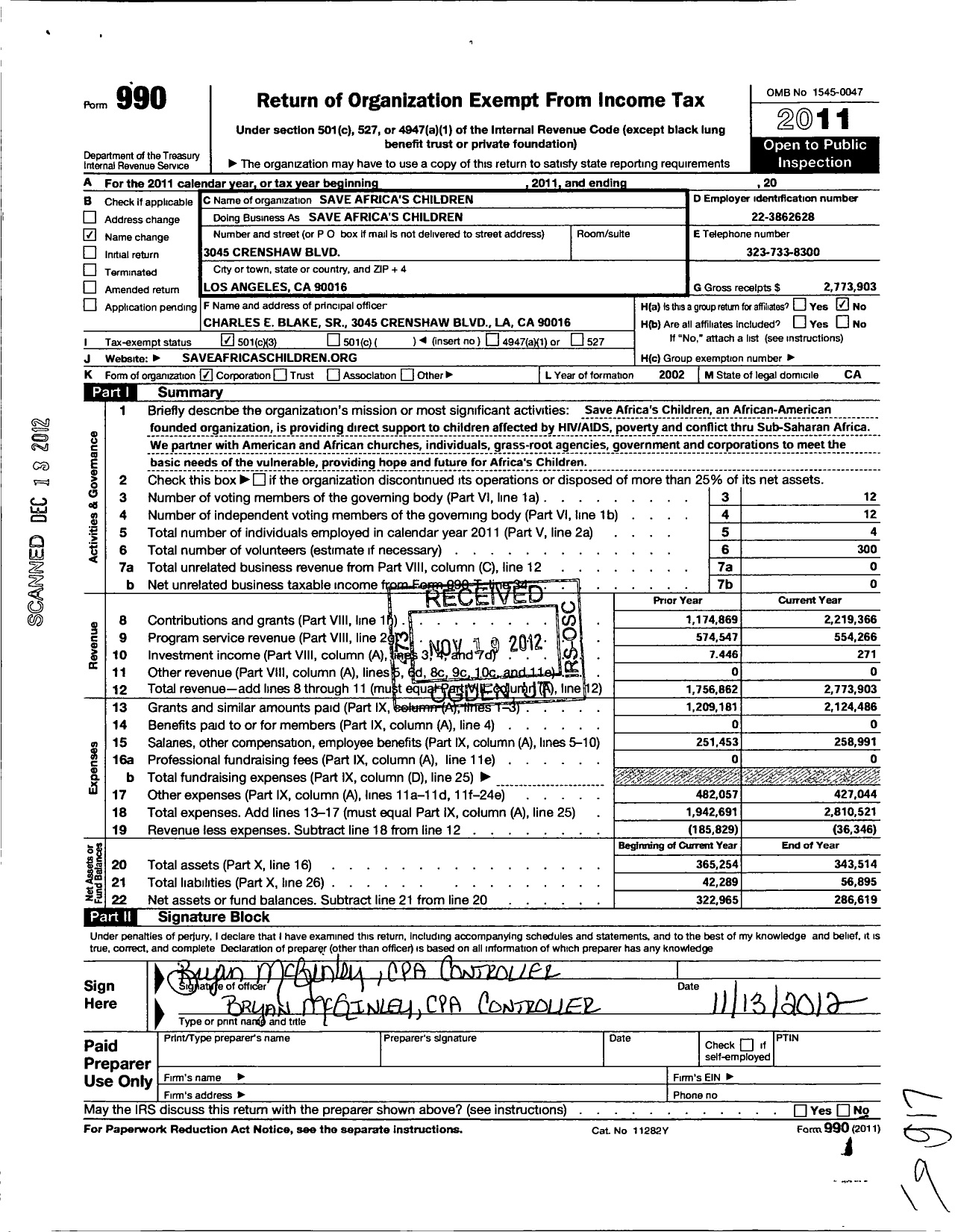 Image of first page of 2011 Form 990 for Save Africas Children