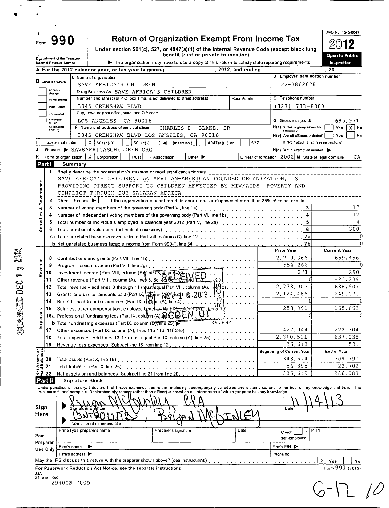 Image of first page of 2012 Form 990 for Save Africas Children