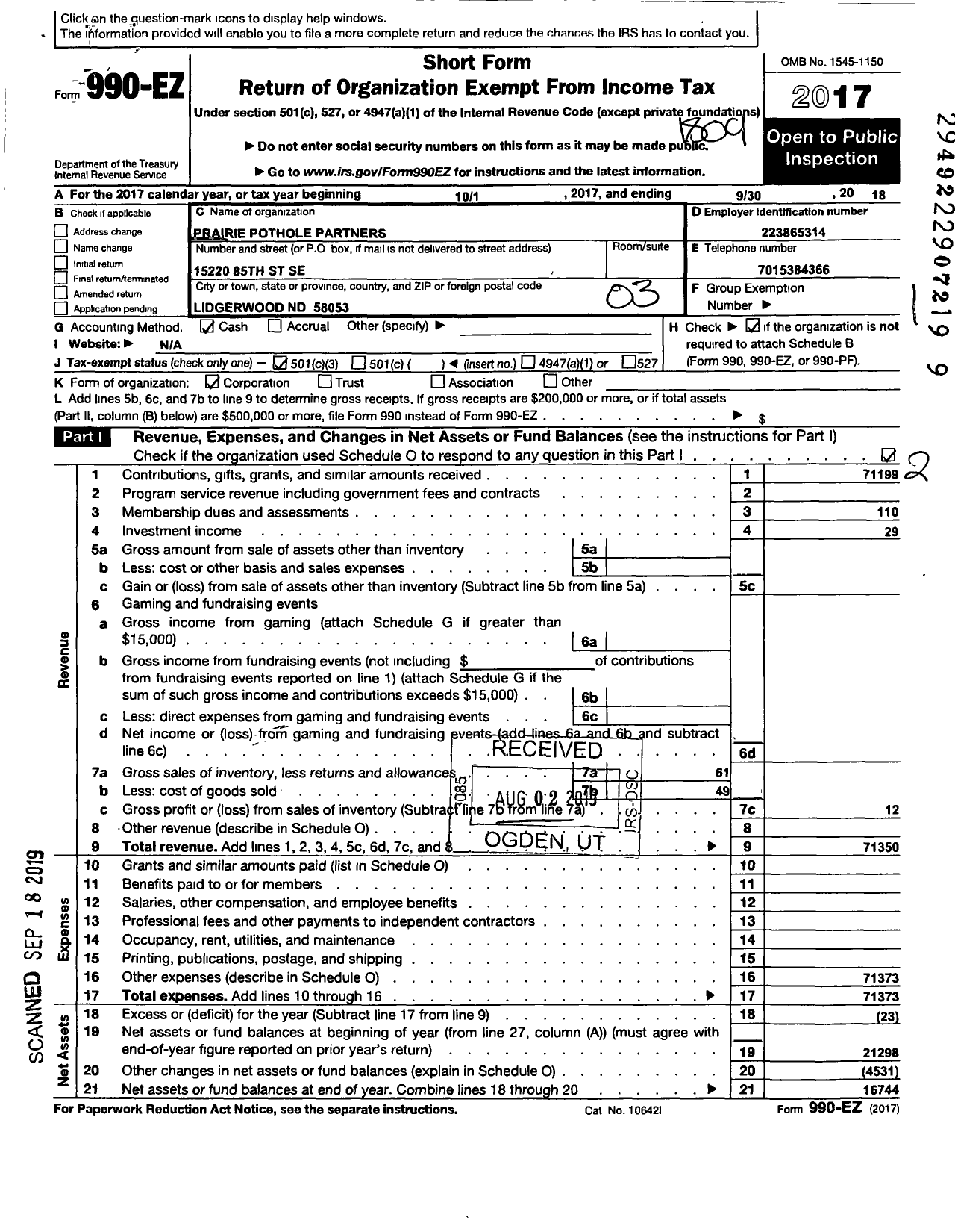 Image of first page of 2017 Form 990EZ for Prairie Pothole Partners