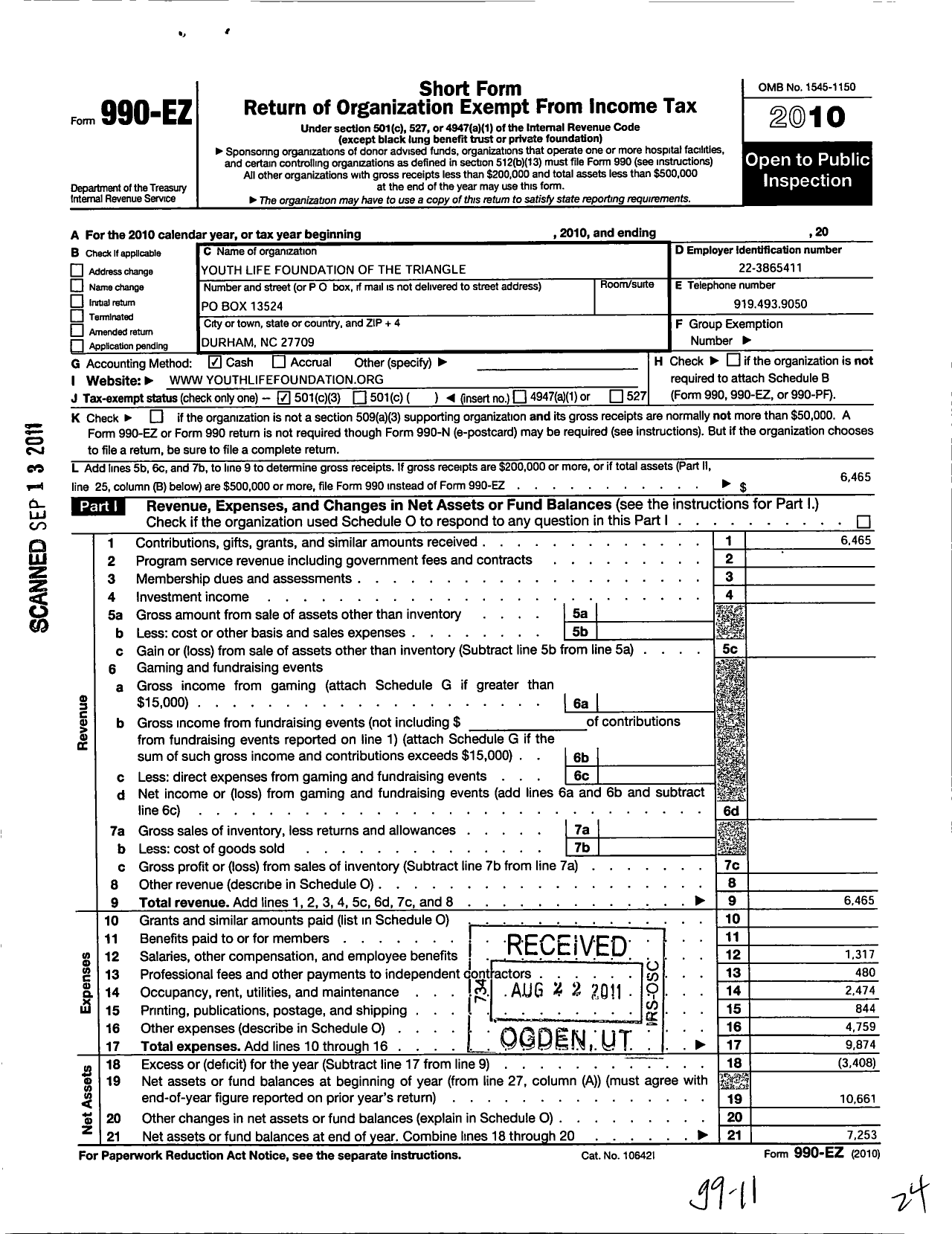 Image of first page of 2010 Form 990EZ for Youth Life Foundation