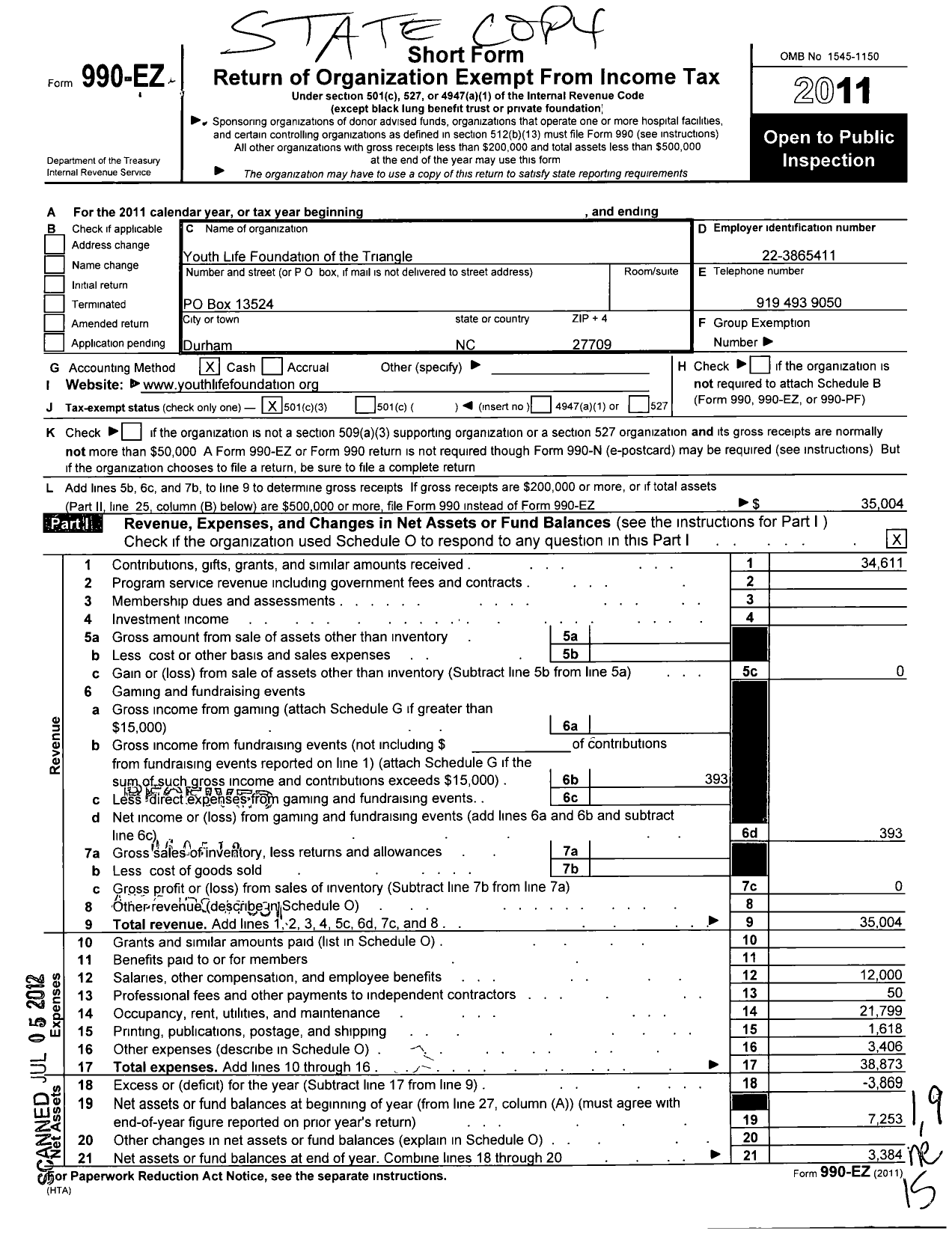 Image of first page of 2011 Form 990EZ for Youth Life Foundation