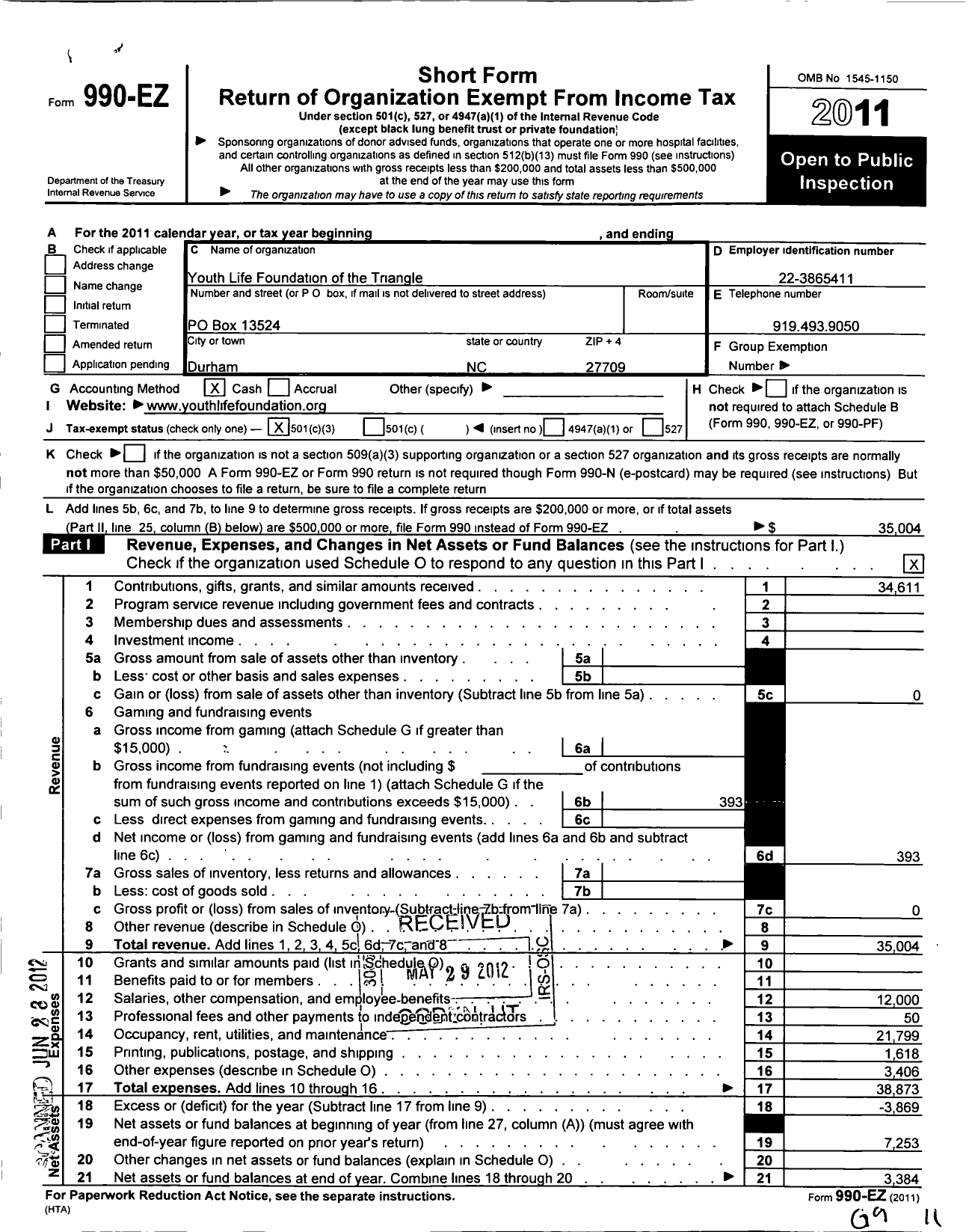 Image of first page of 2011 Form 990EZ for Youth Life Foundation