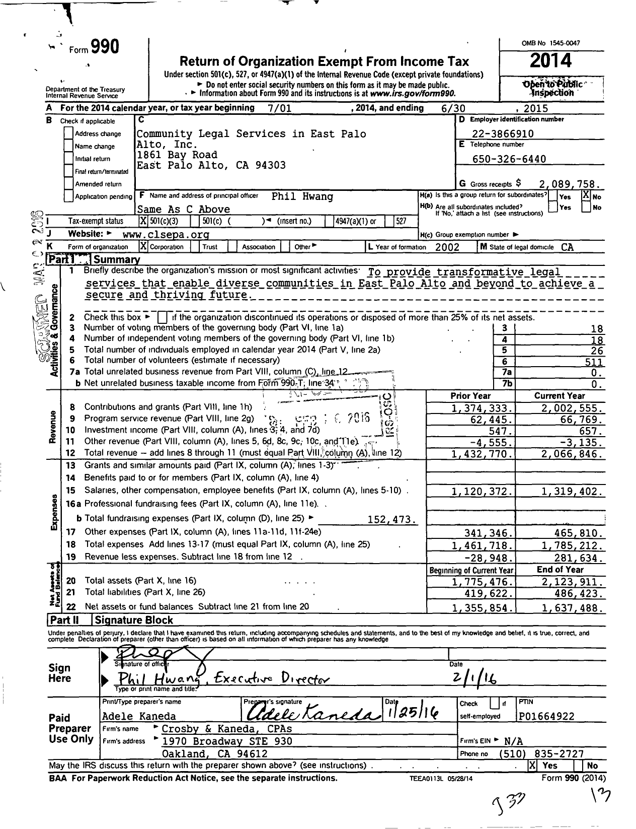 Image of first page of 2014 Form 990 for Community Legal Services in East Palo Alto