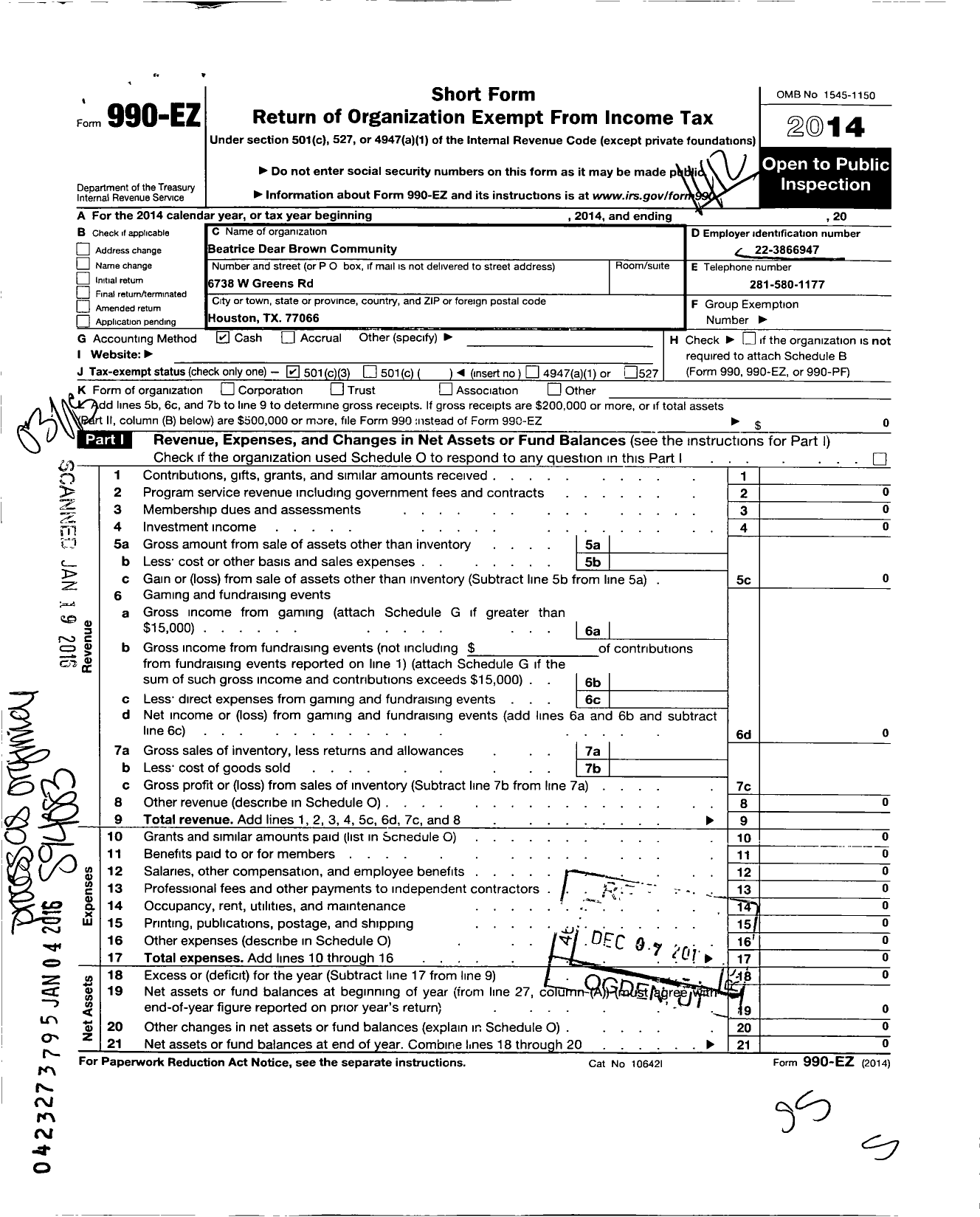 Image of first page of 2014 Form 990EZ for Beatrice Dear Brown Community