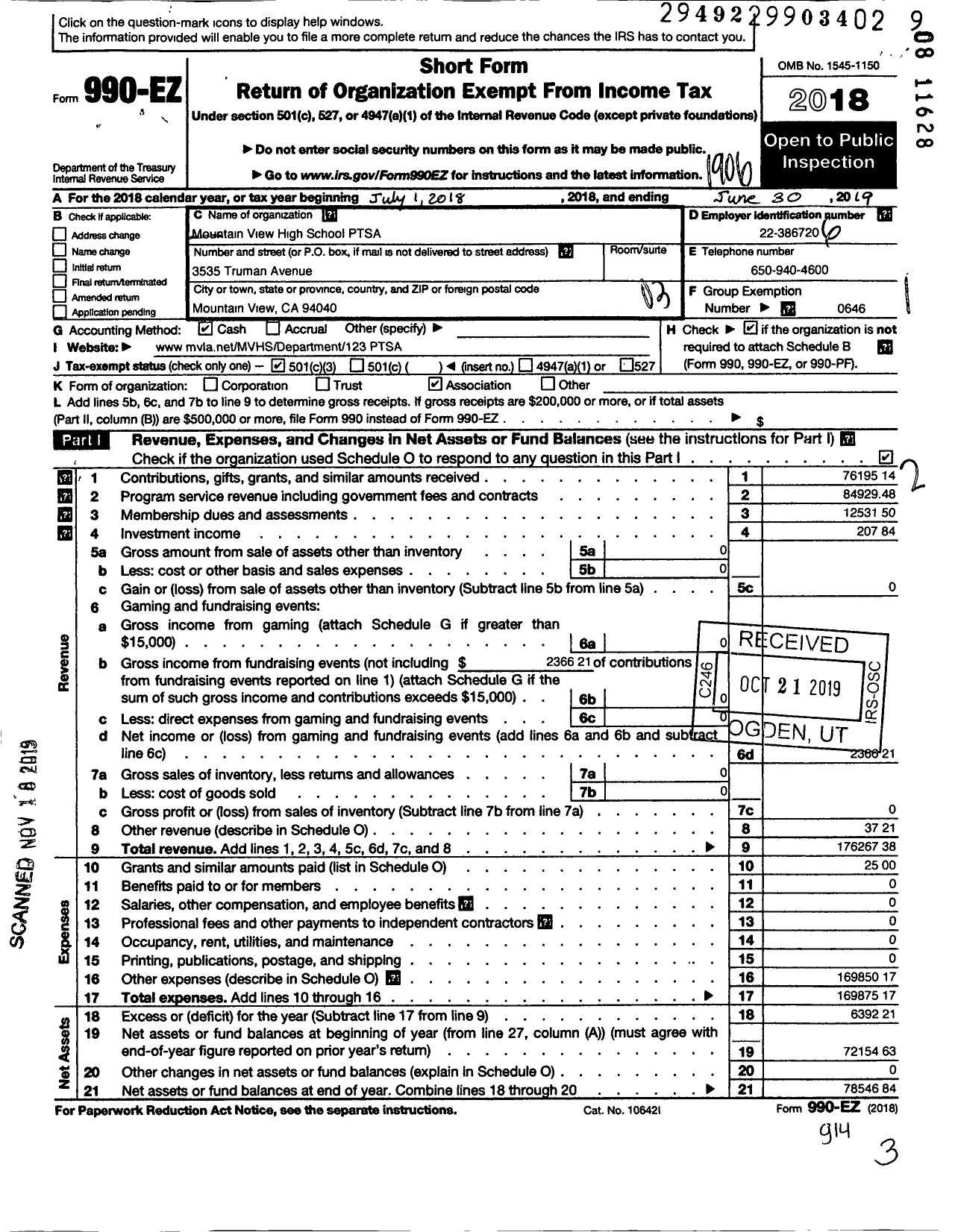 Image of first page of 2018 Form 990EZ for California State PTA - Mountain View High School Ptsa