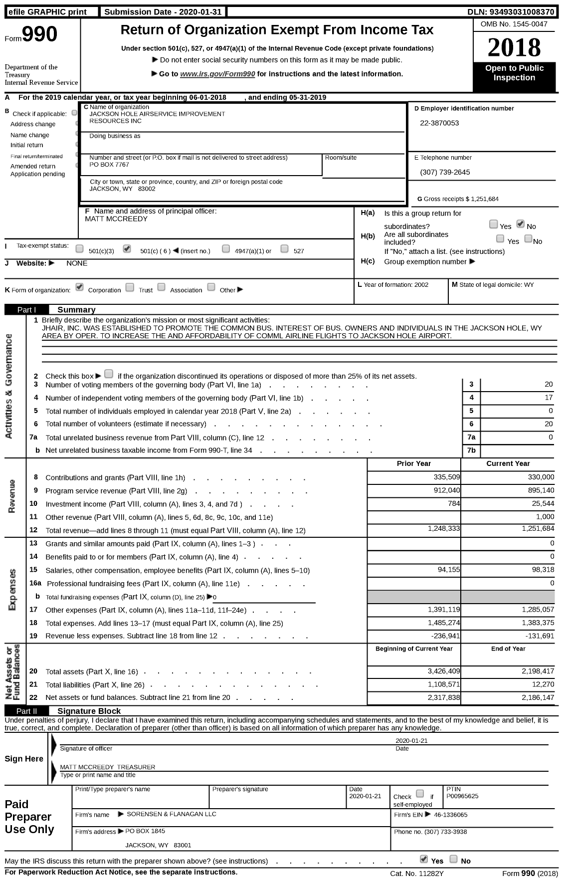 Image of first page of 2018 Form 990 for Jackson Hole Airservice Improvement Resources (JH AIR)