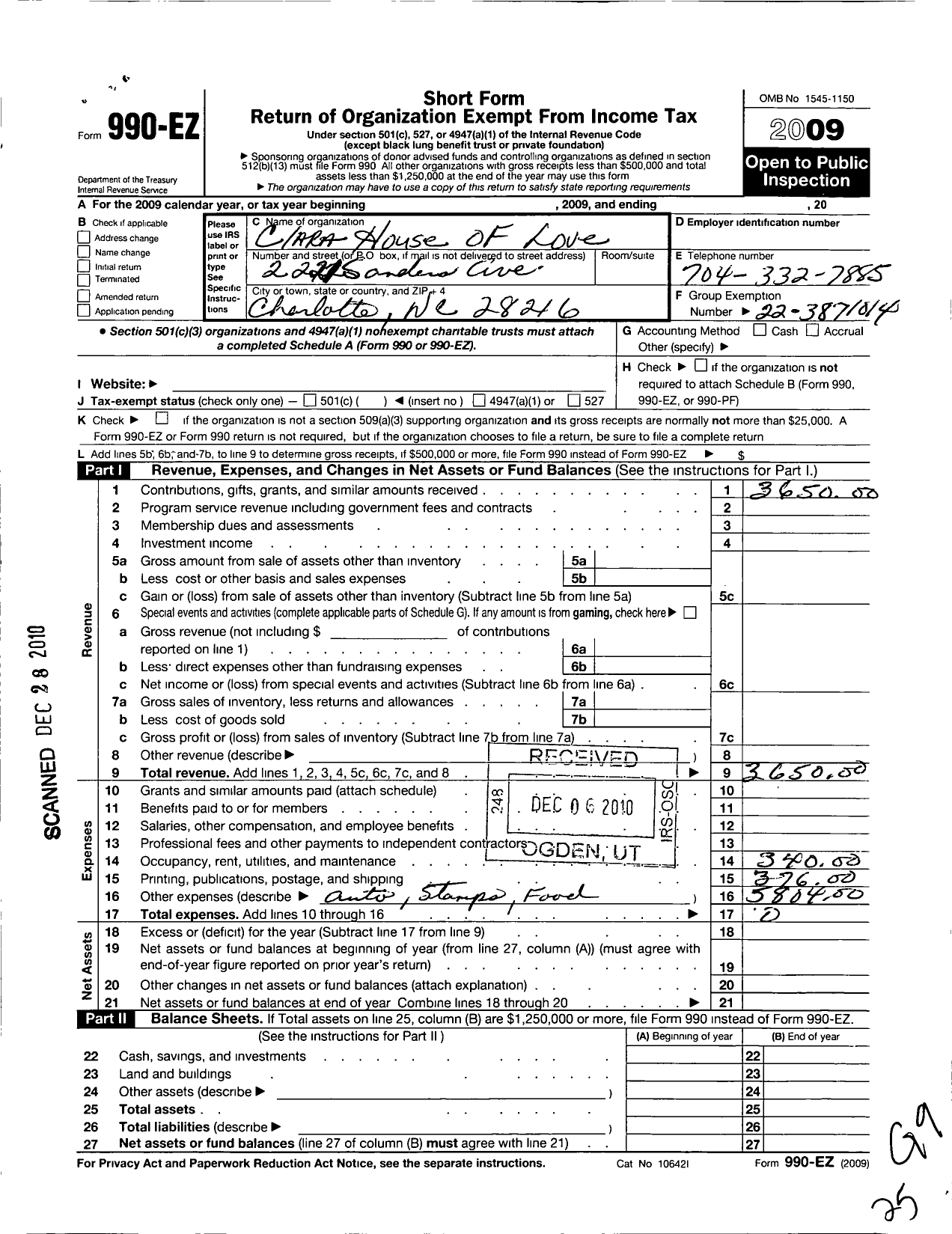 Image of first page of 2009 Form 990EO for Clara House of Love