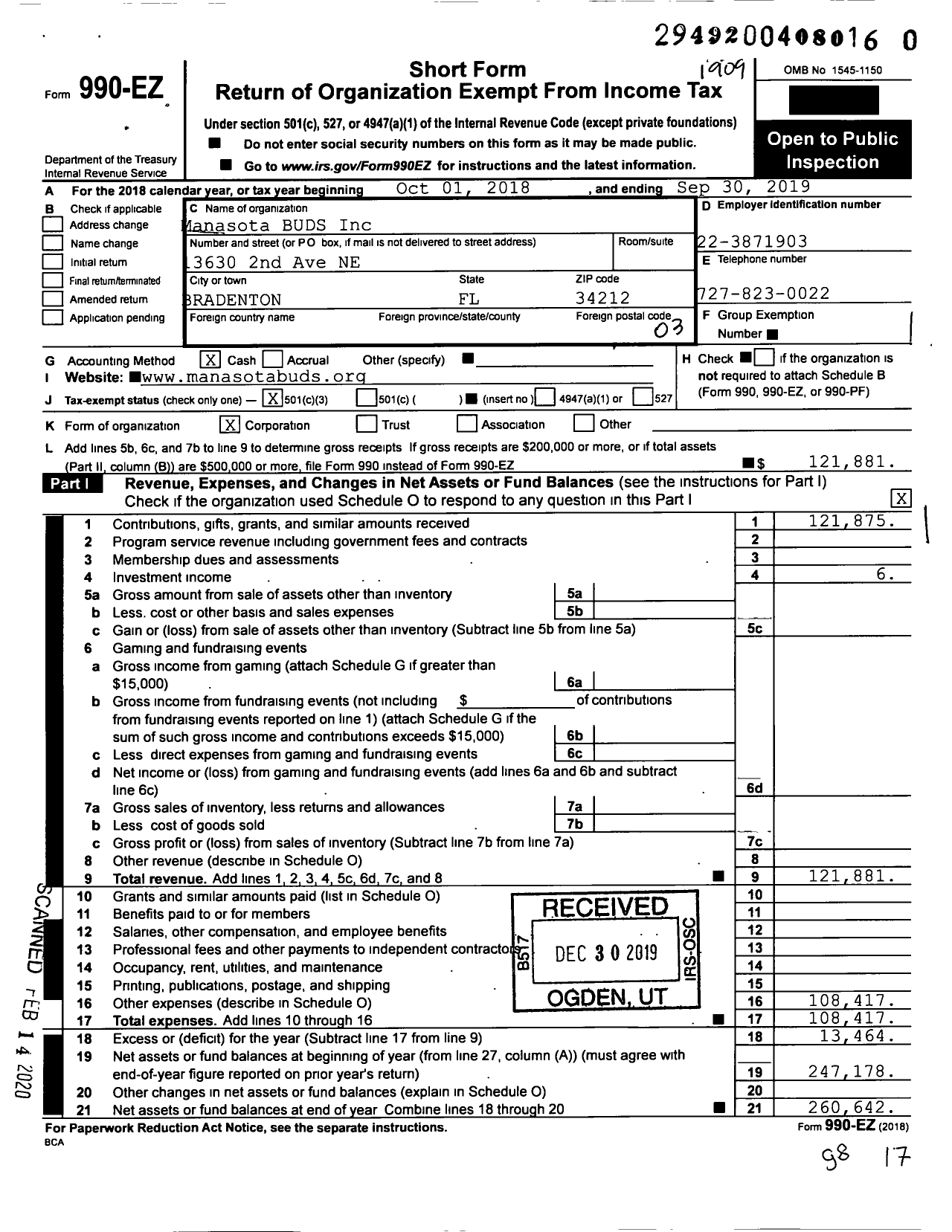 Image of first page of 2018 Form 990EZ for Manasota BUDS