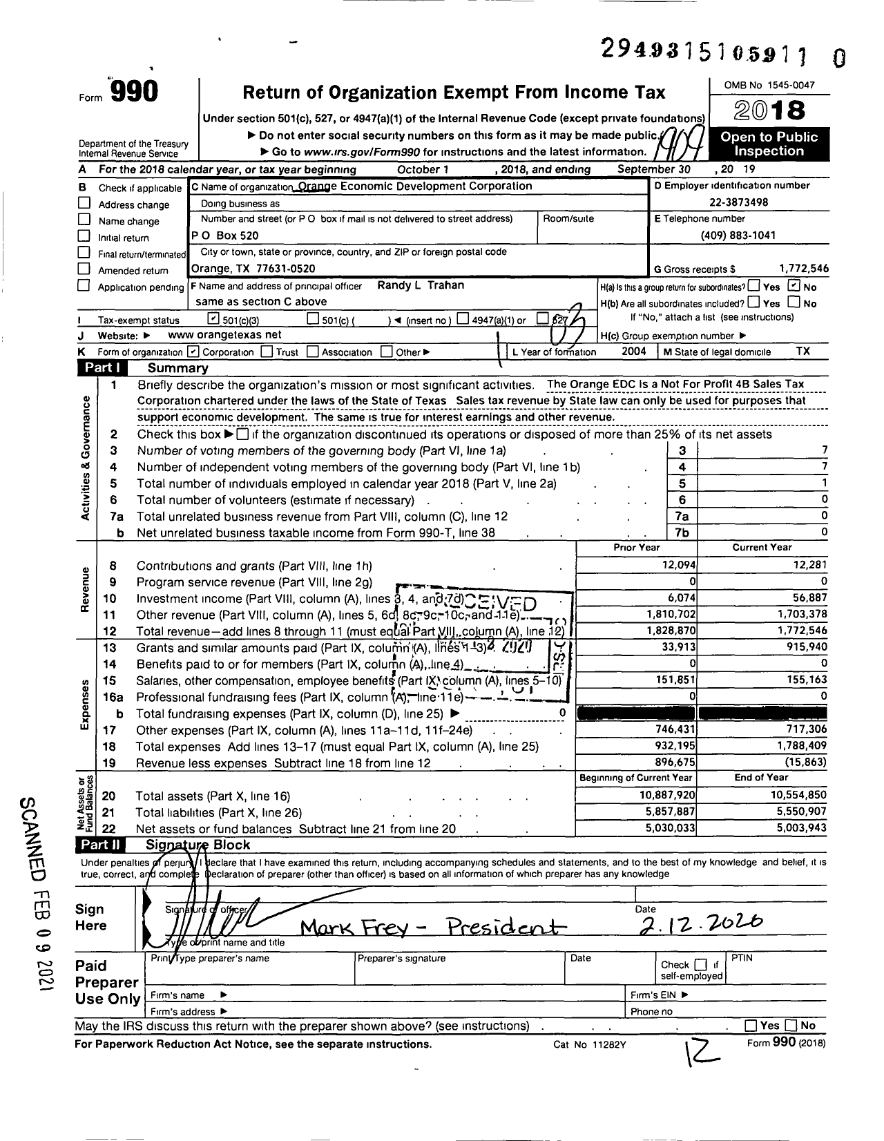 Image of first page of 2018 Form 990 for Orange Economic Development Corporation