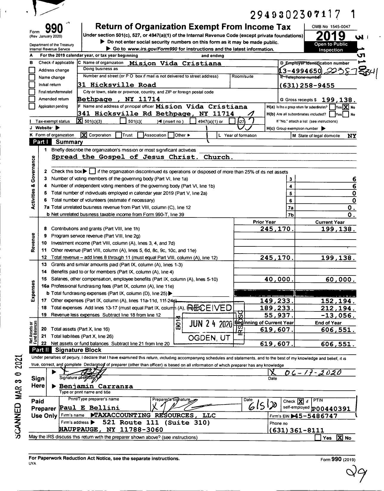 Image of first page of 2019 Form 990 for Mision Vida Cristiana