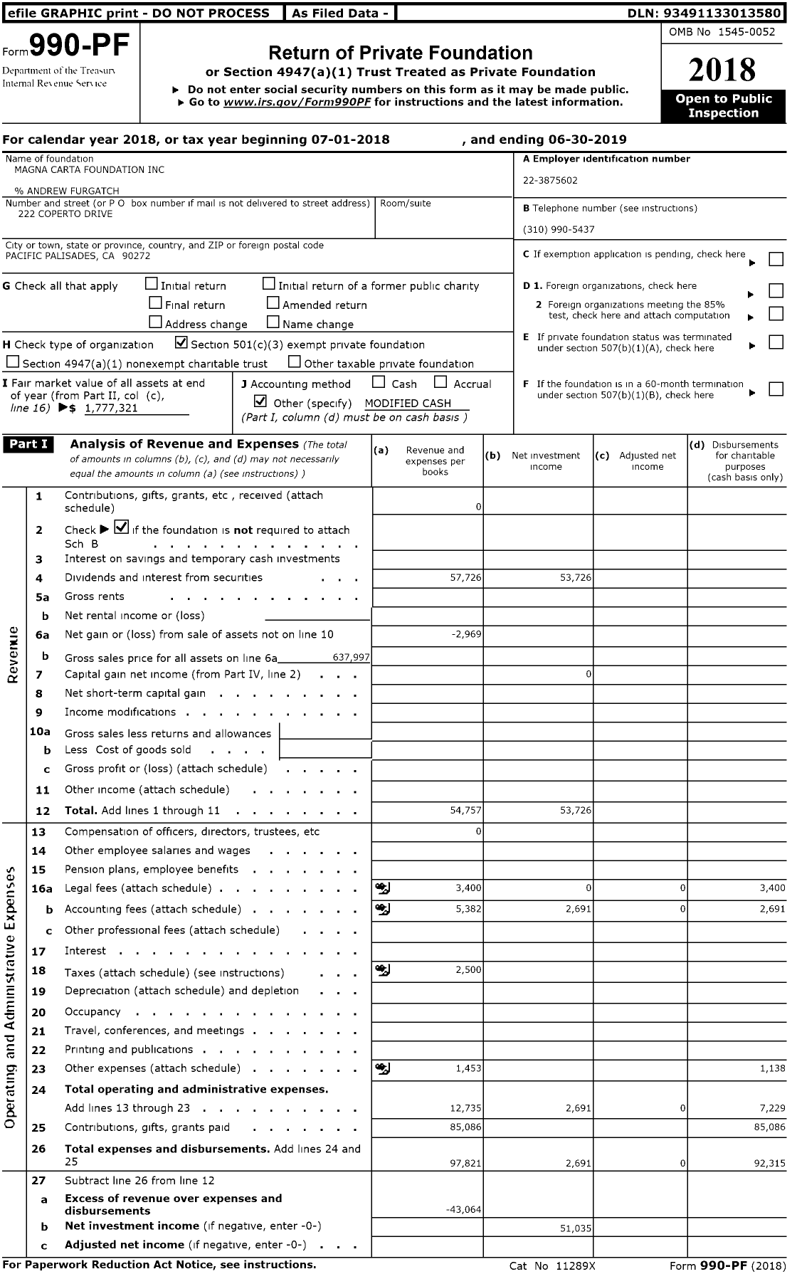 Image of first page of 2018 Form 990PR for Magna Carta Foundation