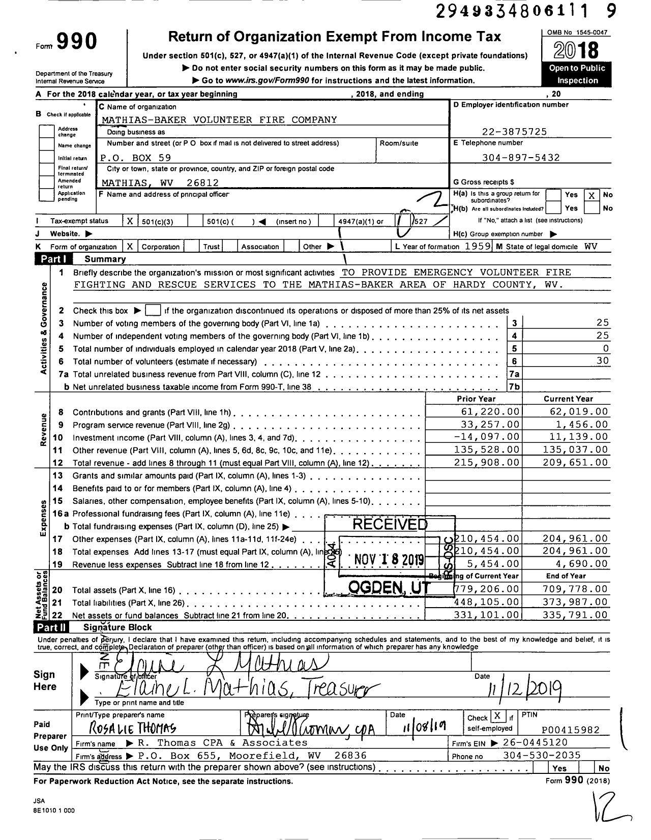 Image of first page of 2018 Form 990 for Mathias-Baker Volunteer Fire Company