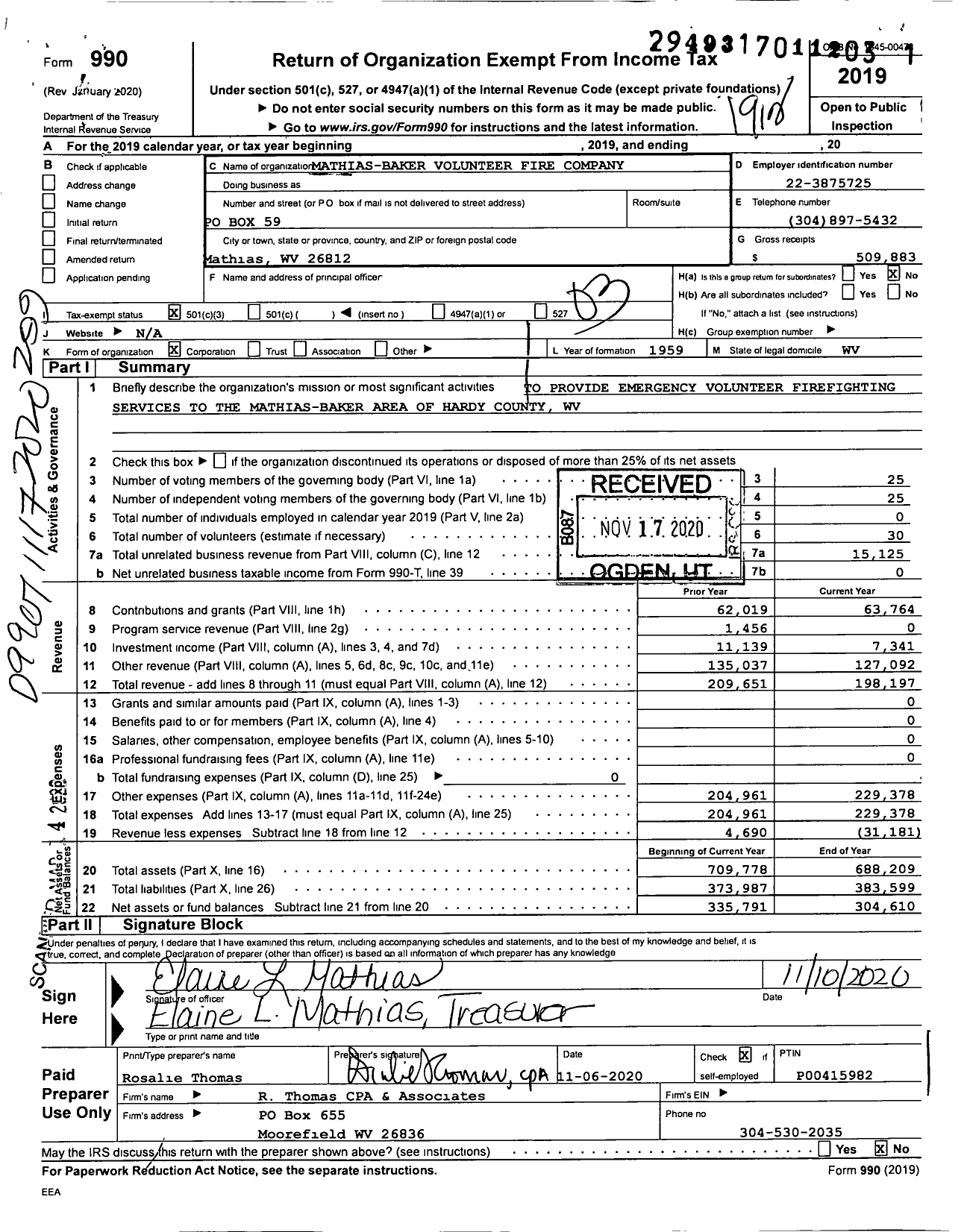 Image of first page of 2019 Form 990 for Mathias-Baker Volunteer Fire Company