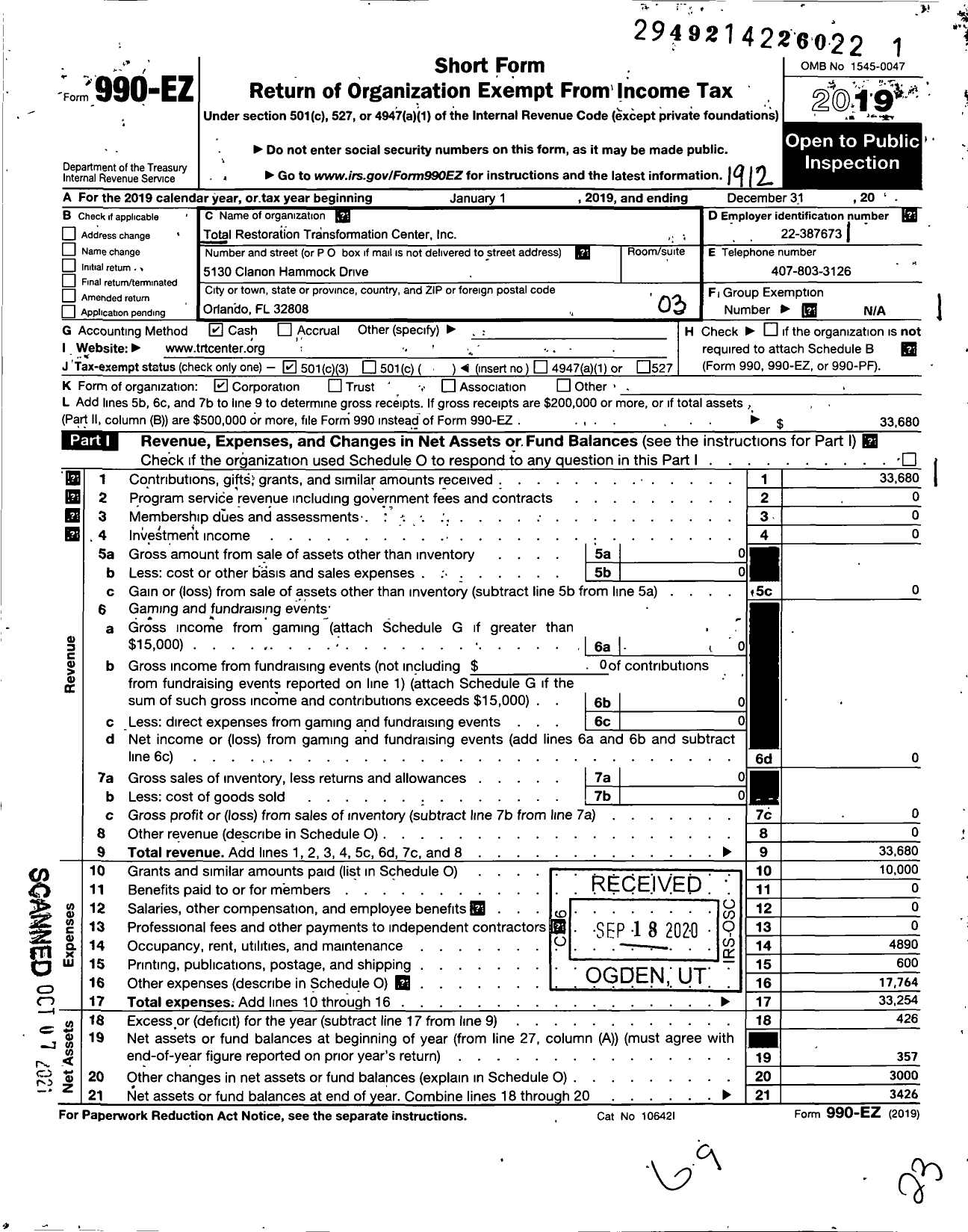 Image of first page of 2019 Form 990EZ for Total Restoration Transformation Center