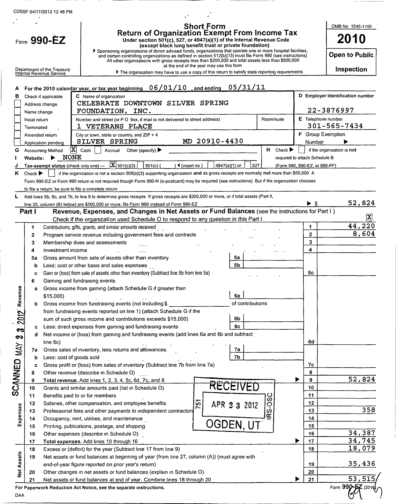 Image of first page of 2010 Form 990EZ for Celebrate Downtown Silver Spring Foundation