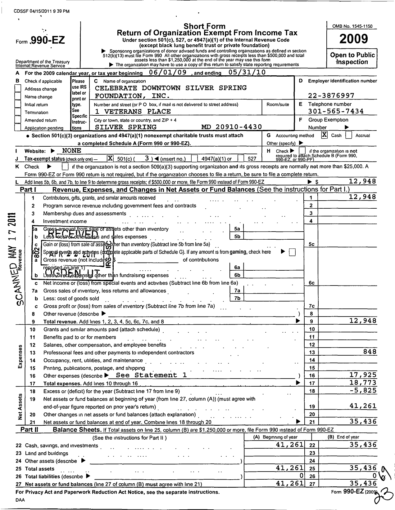 Image of first page of 2009 Form 990EZ for Celebrate Downtown Silver Spring Foundation